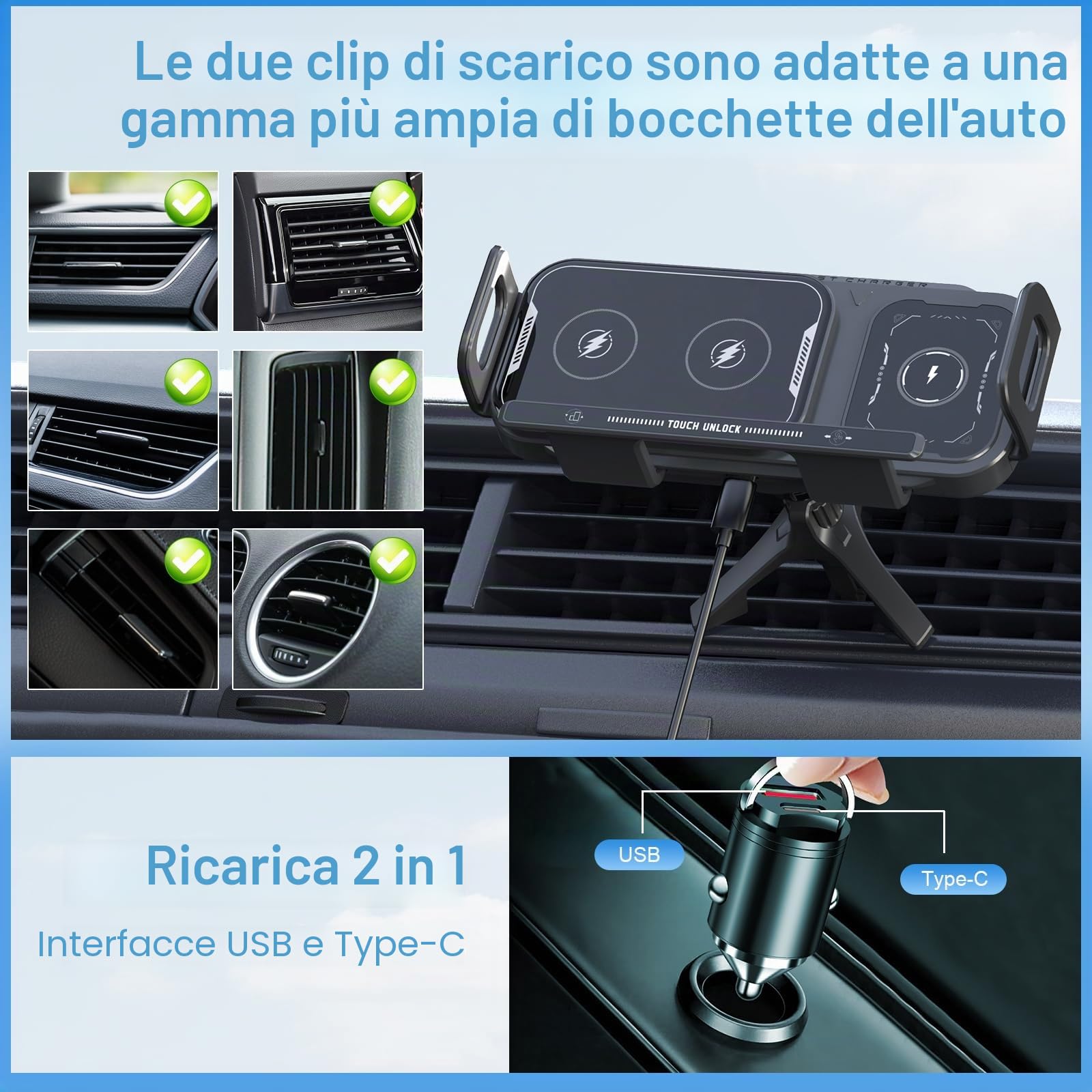 Caricabatterie da auto wireless Olycism girevole a 90 gradi per Galaxy Z Fold/Flip con caricabatterie rapido wireless QC 3.0 a doppio scomparto da 15 W compatibile con Z Fold/Flip 7, 6, 5 e 4