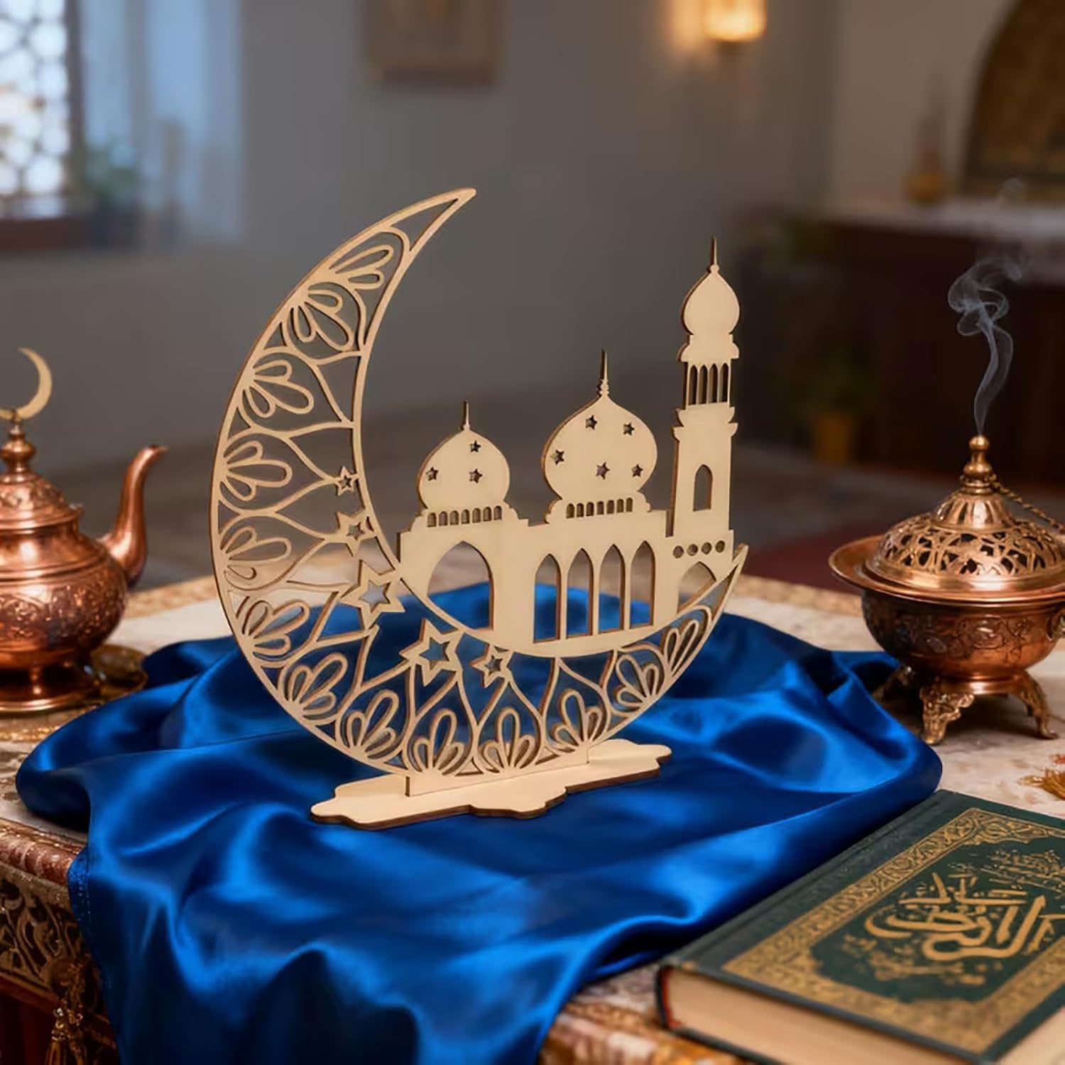 Cliths 2pcs Islamic Crescent Moon Table Decor Resi with Mosque Design for Ramadan Mubarak Eid al-Fitr Home Decoration 19 x 19.5CM