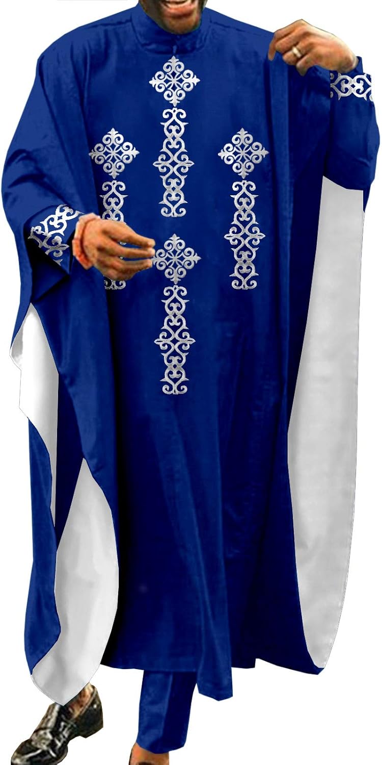 African Clothes for Men Embroidery Agbada Robe Dashiki Shirts Ankara Pants 3 Piece Set Wedding Evening Outfits