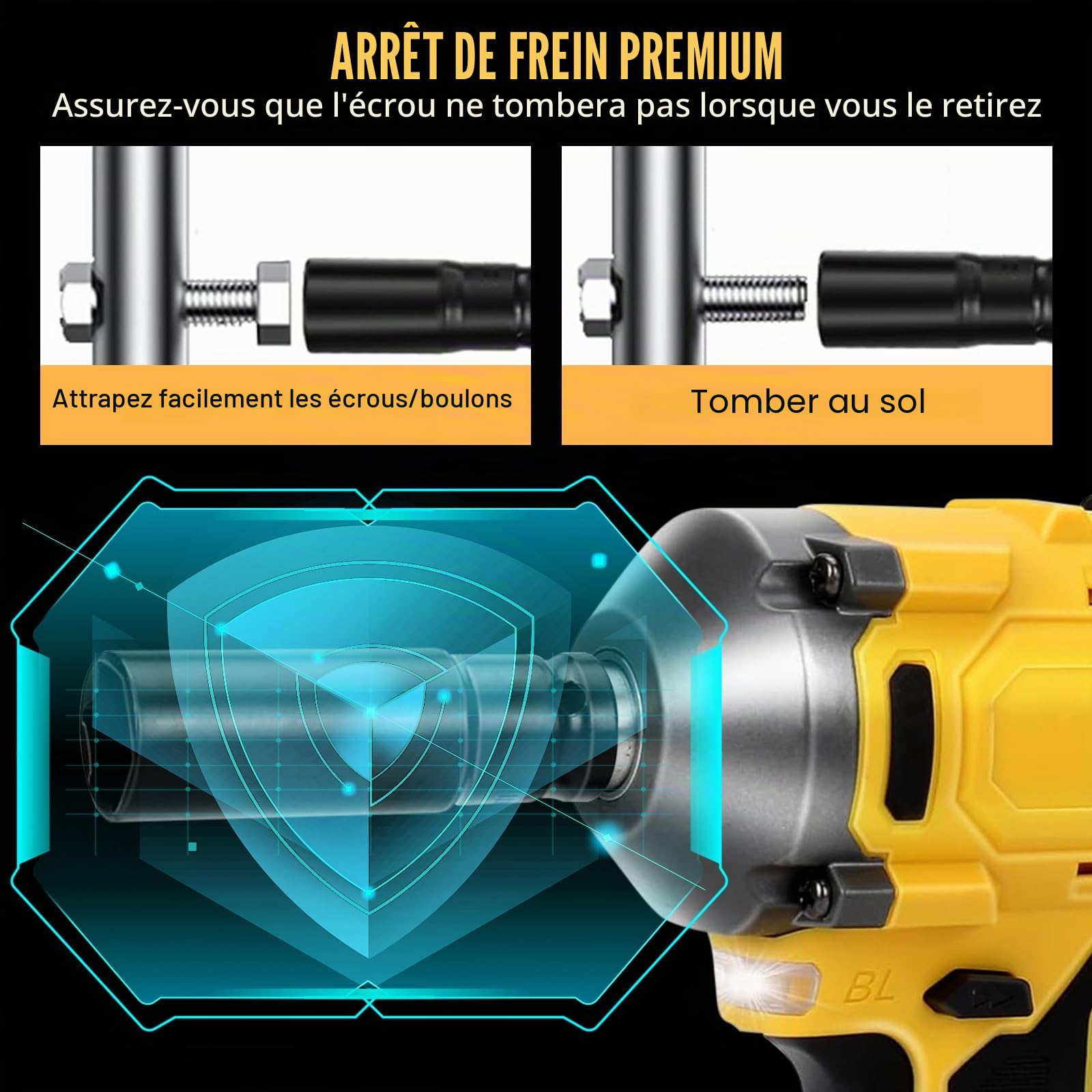 JAOGAUS Cordless Impact Wrench, 600Nm 1/2 Inch Brushless Impact Gun | Compatible with Dewalt 18 V/20 V, Visseuse à Choc Électrique 3 Vitesses et 12 Accessoires pour Changement de Pneus de Voiture