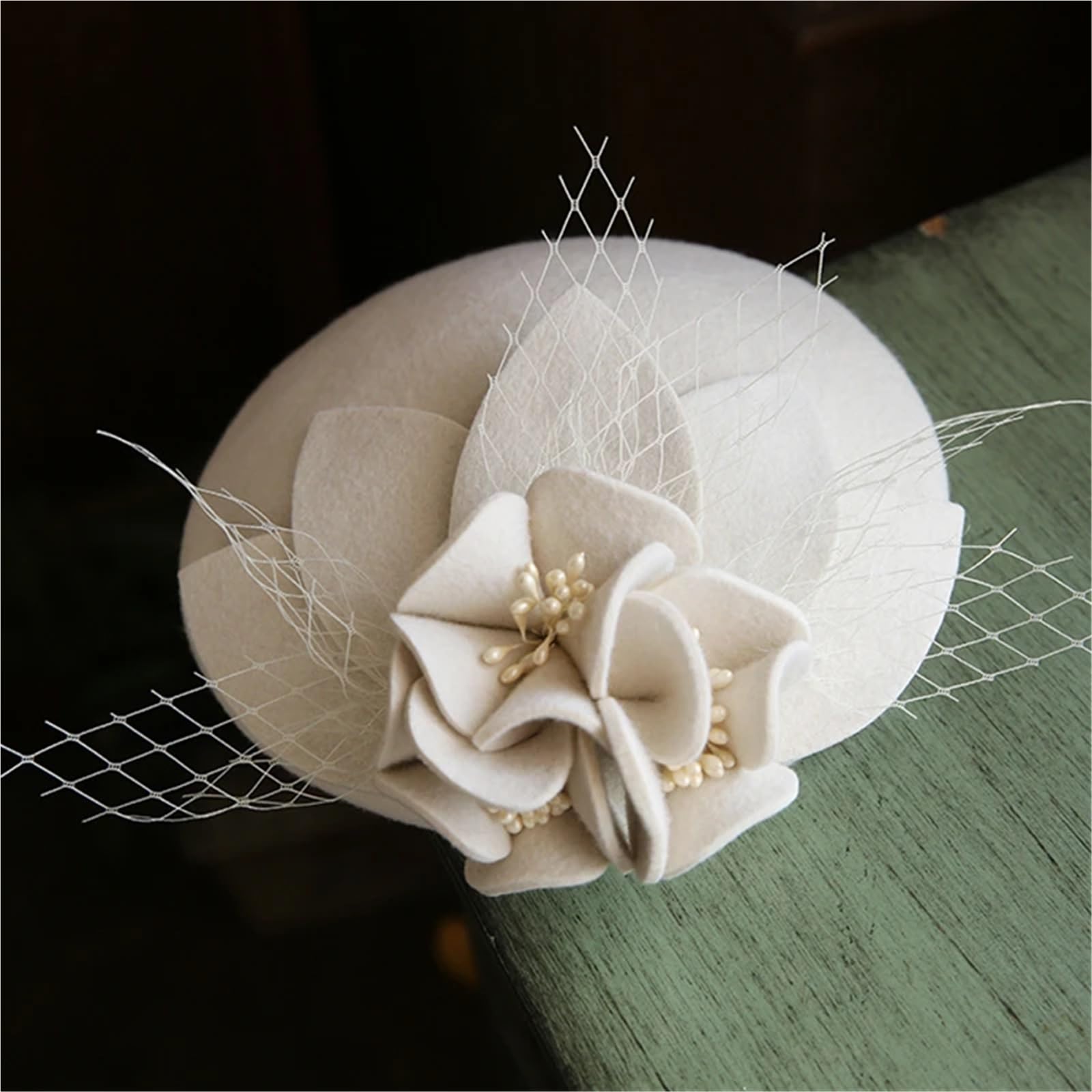 Women Wool Hat, Photography Fascinator Flower Hat，Ladies’ Cocktail Tea Party Headwear for Autumn Winter