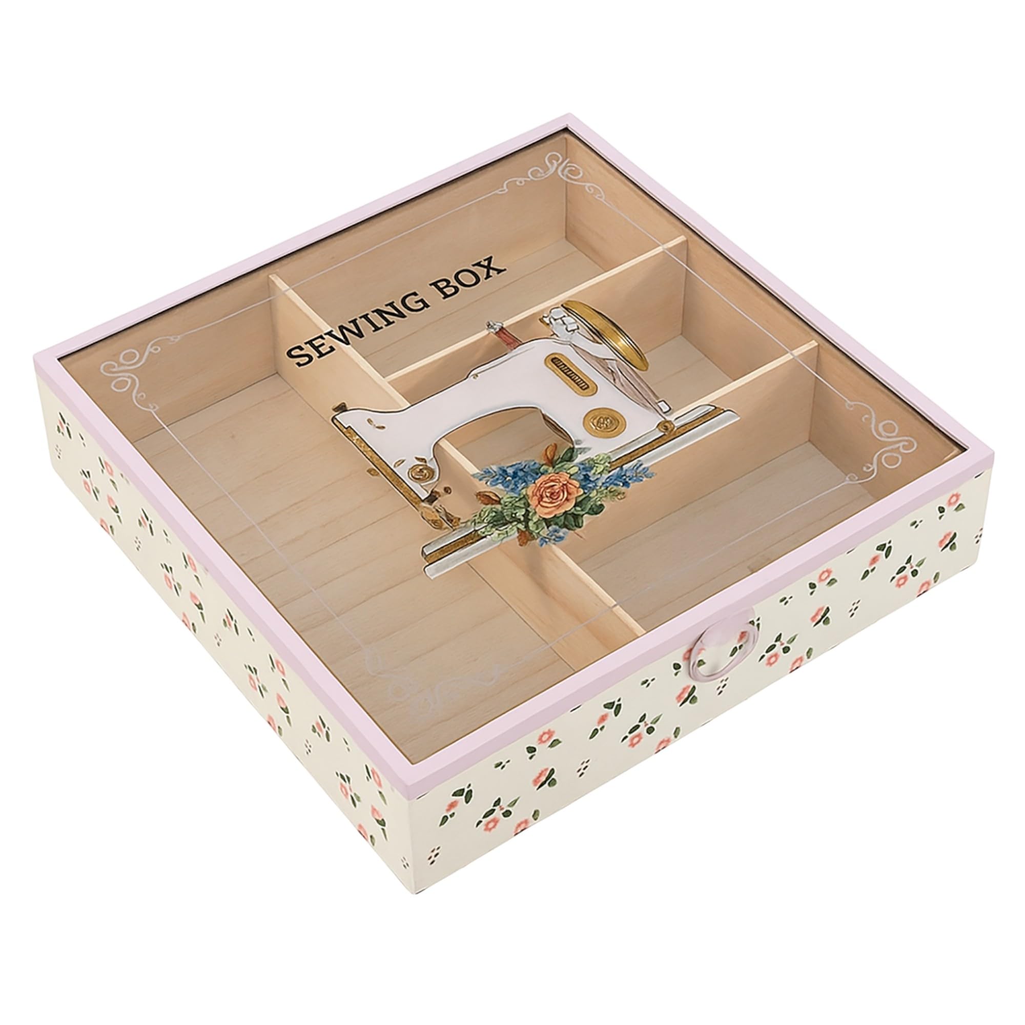 TIENDA EURASIA – Caja Costurero | Bandeja de 4 Compartimentos | Material Madera | Tapa de Acrílico | Diseño Multicolor | Medidas 24x24x5 cm (Rosa Claro)