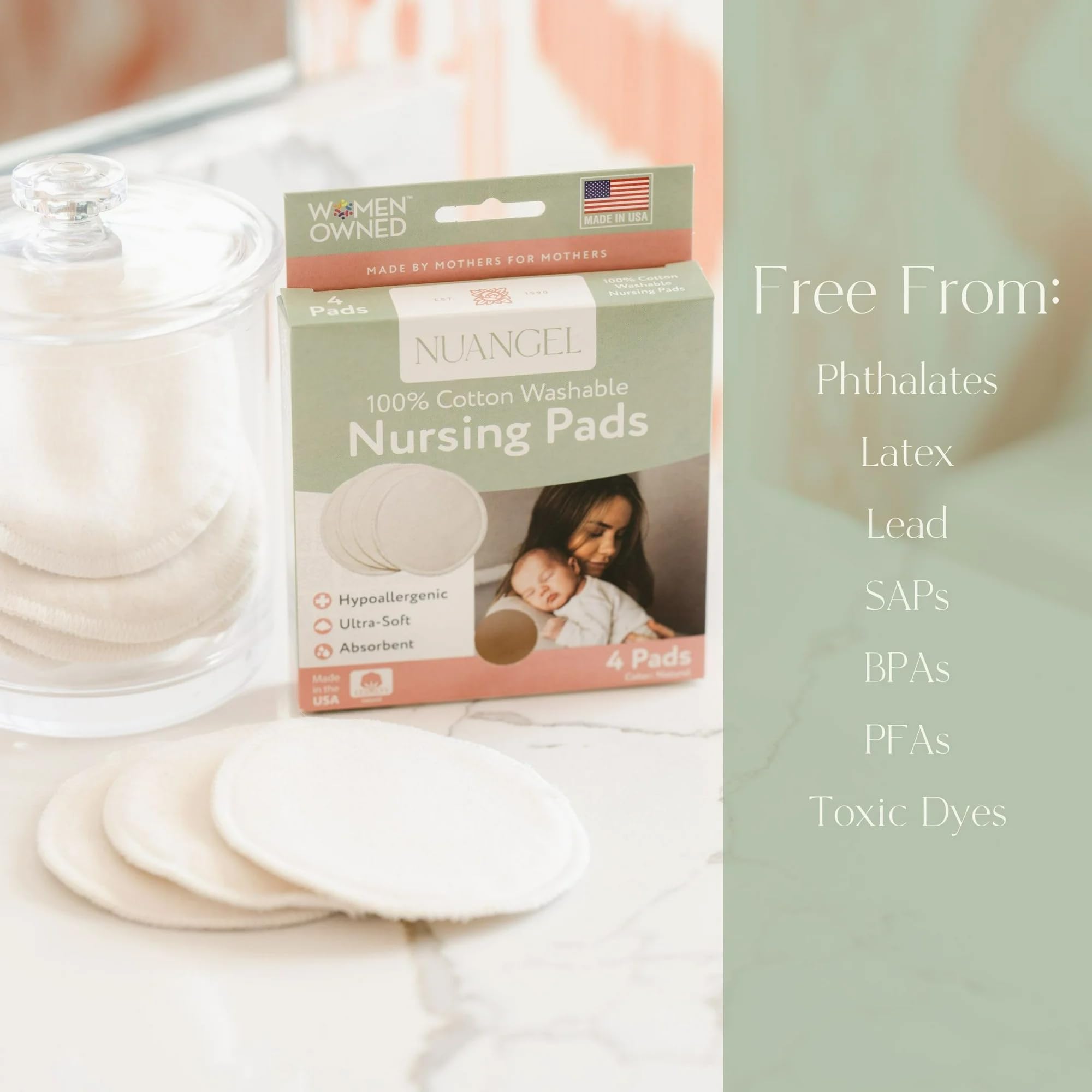 NuAngel Washable Nursing Pads 100% Cotton - Natural - 8 pads - Made in U.S.A.