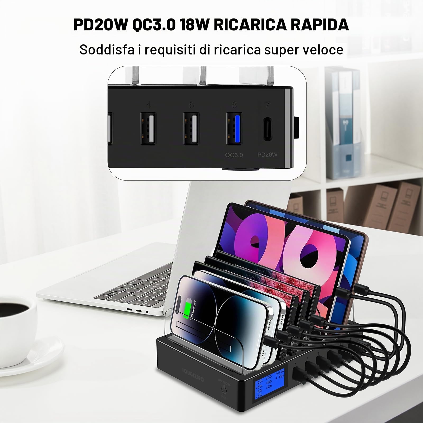 Stazione di ricarica rapida PD20W QC3.0 Multi porte USB, stazione di ricarica 7 in 1 per più dispositivi con display LCD compatibile per iPhone, iPad, Samsung, Huawei e altri (nero)