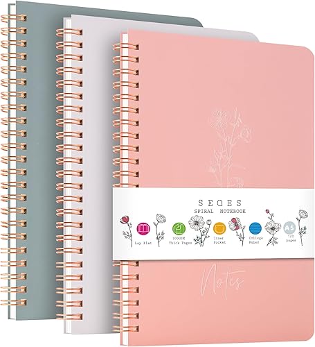 Paquete de 3 cuadernos en espiral, papel liso de 3.53 ozm, 120 páginas A5 de 8.26 x 5.7 pulgadas, páginas a rayas de 0.27 pulgadas, bolsillo
