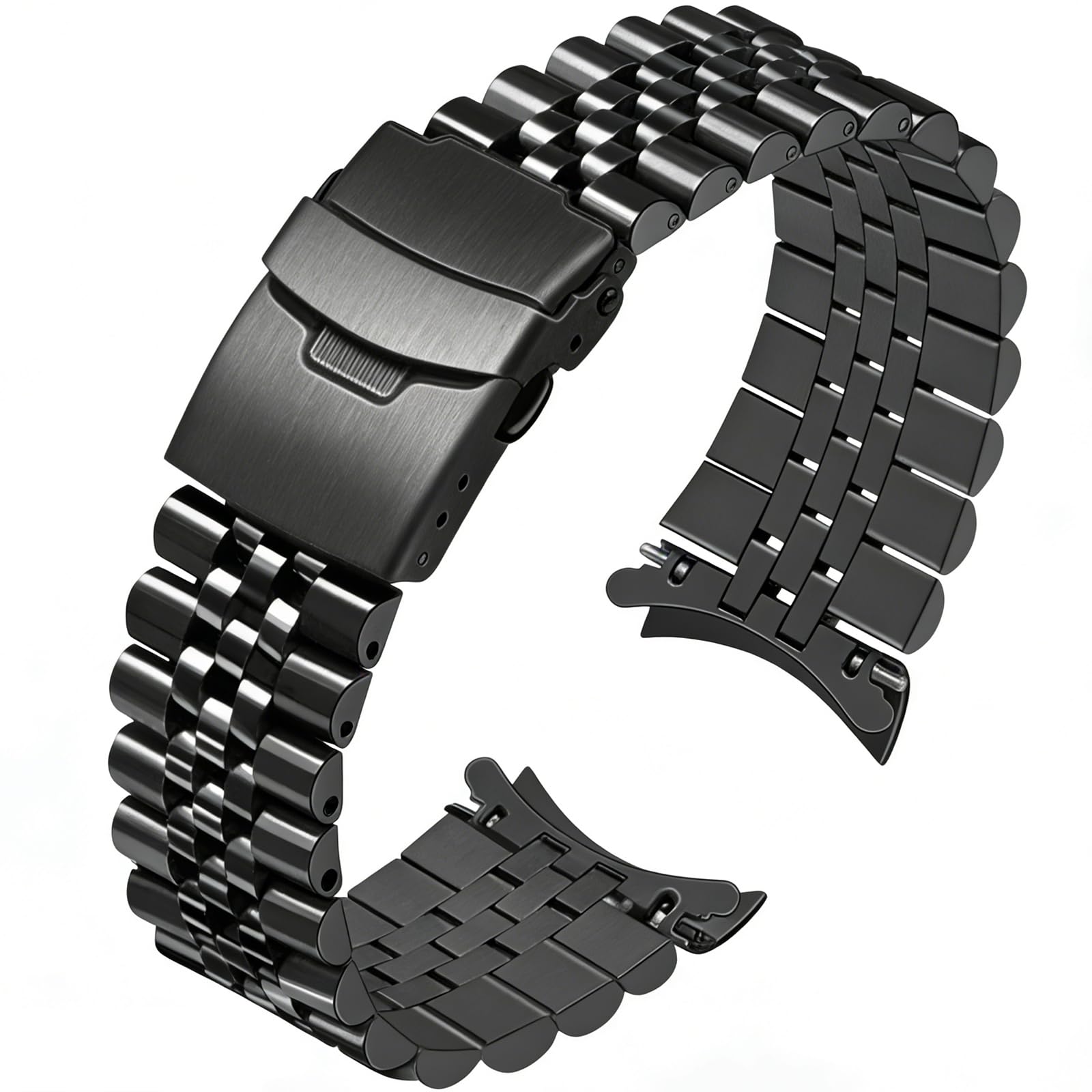 Stainless Steel Curved Ends Tapered 18mm 20mm 22mm 23mm 24mm Metal Watch Band Flexible Watch Strap Replacement Bracelet Deployment Double Flip Lock Buckle Silver Black