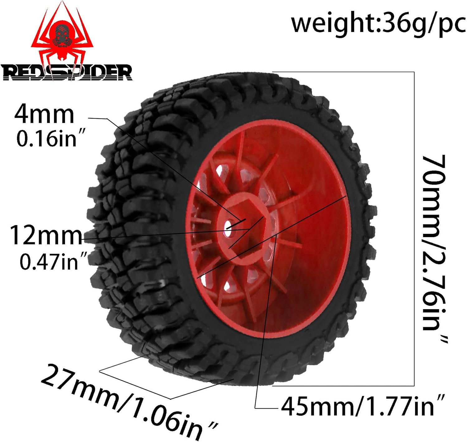 4PCS Rubber Tire Wheel Tyre 70x27mm Hex Hub 12mm RC Replacement Parts for ARRMA Mojave MJX 14211 JJRC HBX 1/14 1/16 RC Car (Red)