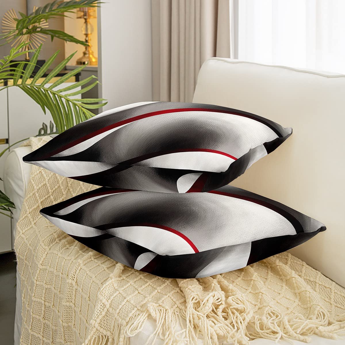 Set di 2 federe per cuscini in stile astratto, morbide, moderne, con motivo astratto, per divano, camera da letto, auto, reversibile, rosso, nero, grigio, a righe decorative, 50 x 50 cm