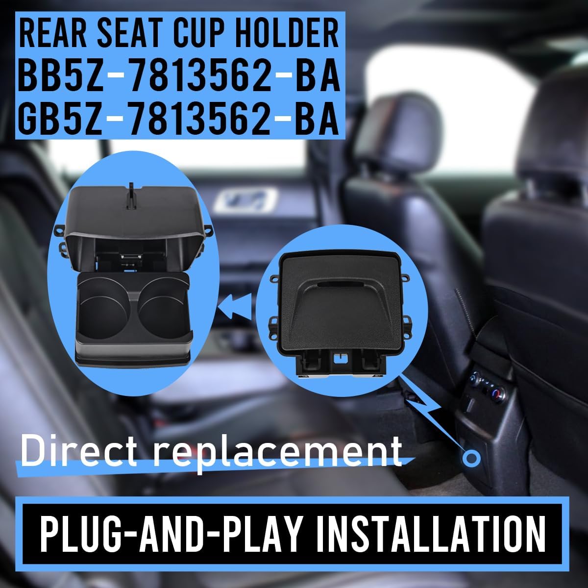 Black Rear Seat Cup Holder Insert Console Box Assembly fits for 2011-2019 Ford Explorer Replaces OE# BB5Z-7813562-BA BB5Z7813562BA GB5Z-7813562-BA GB5Z7813562BA - Image 2