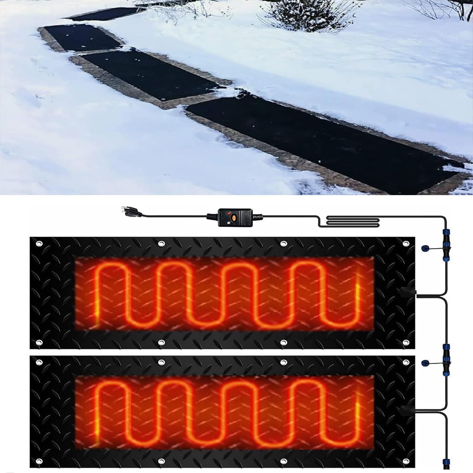Tappetini per sciogliere la neve per ingressi e scale all'aperto, velocità di fusione di 5,1 cm/h, con cavo di alimentazione, gomma impermeabile antiscivolo (30 x 60 cm, 2 pezzi)