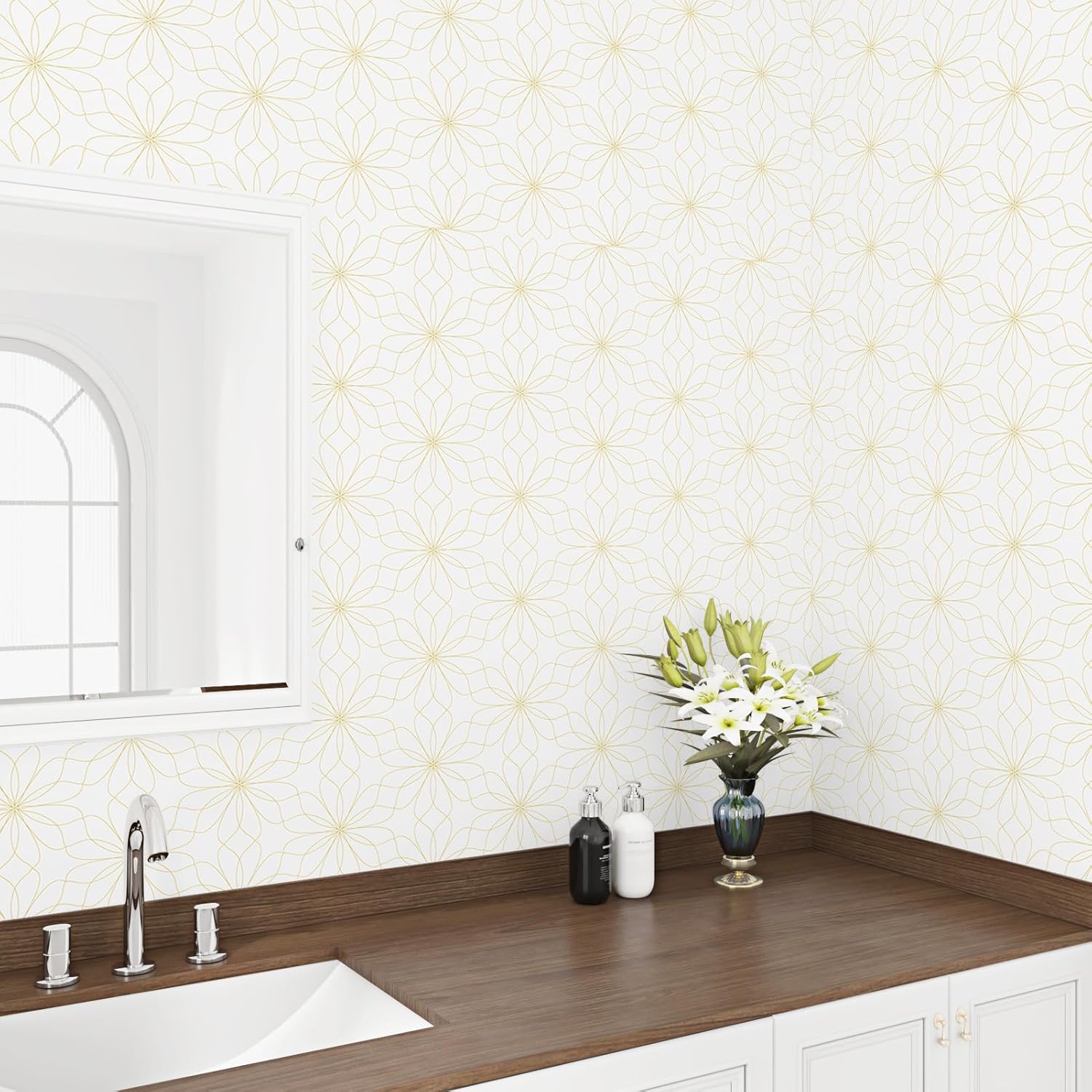 Gold Floral Wallpaper Peel and Stick Modern Geometric Wallpaper Gold/Beige for Bedrom Nursery Bathroom 17.5"x118" Self Adhesive Removalbe Contact Paper for Cabinets Liner Walls Countertops