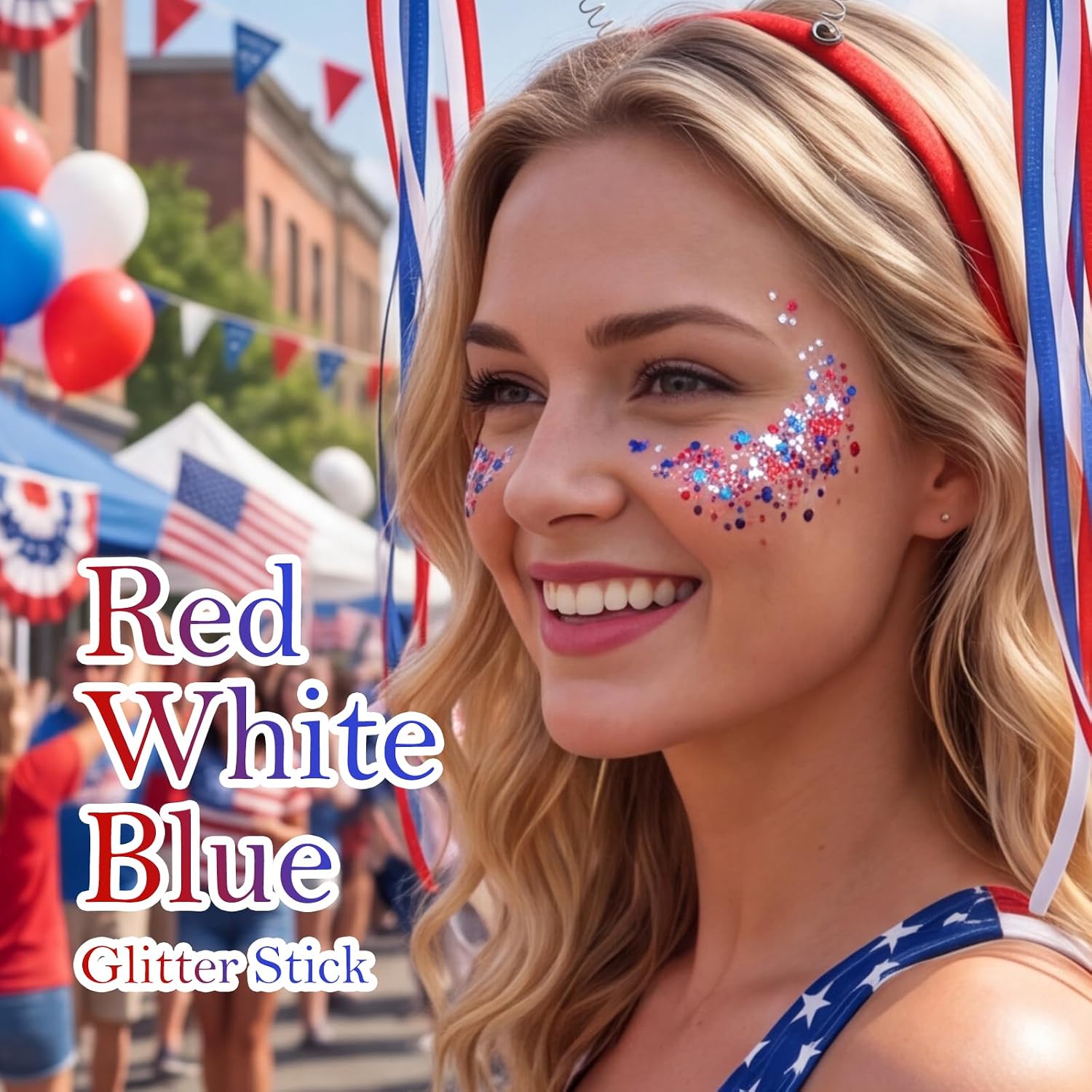 Red White Blue Body Hair Face Glitter Stick, USA Flag Pride 4th of July Patriotic Accessories with Star Glitter Makeup for Women, Holographic Mermaid Sequins Face Sparkle Chunky