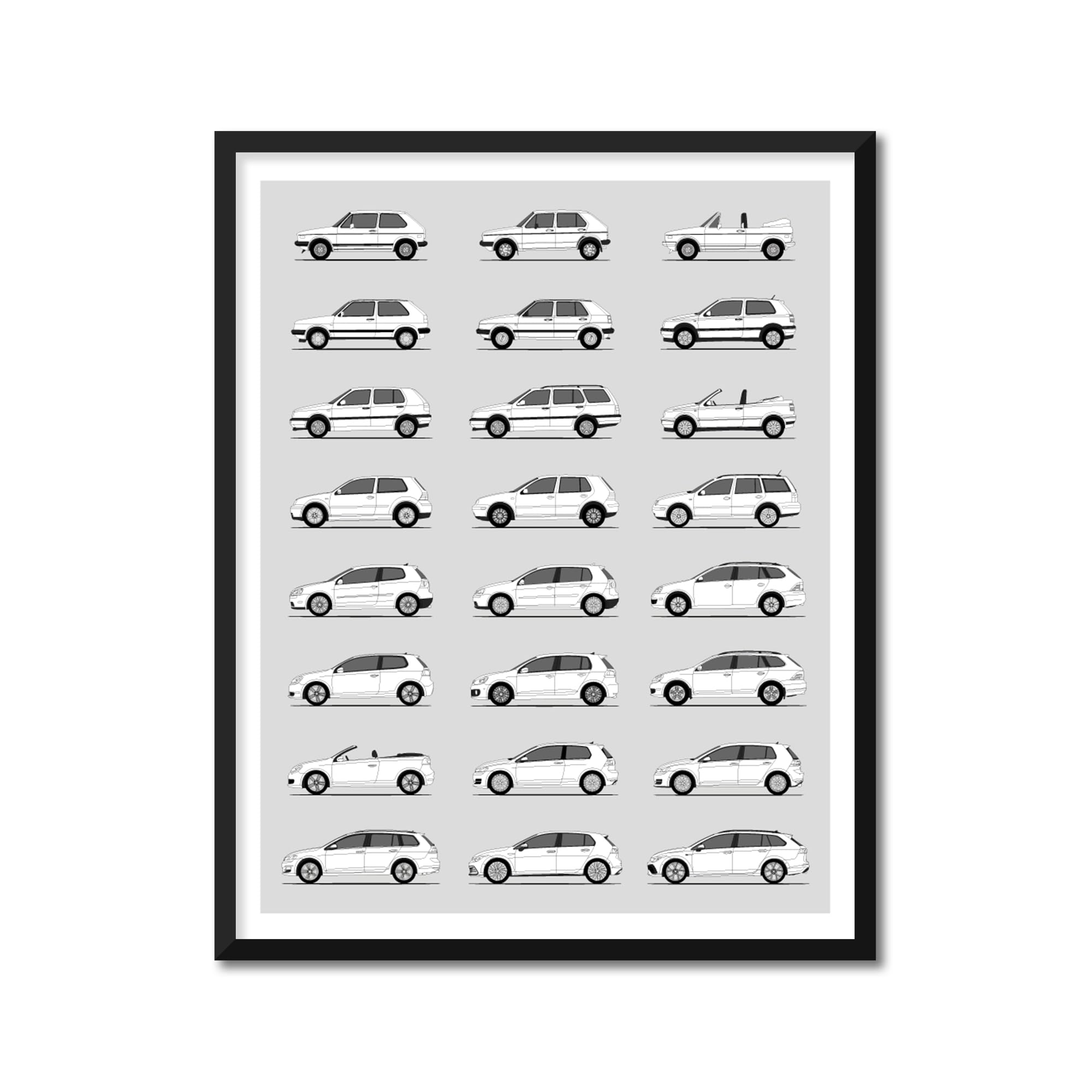 Custom Car Posters Handmade Poster compatible with History of Volkswagen Golf (Rabbit) Print Art of VW Golf MK1 MK2 MK3 MK4 MK5 MK6 MK7 MK8 Rabbit Estate Jetta Gen - A2 (42 x 59.4 cm) Lustre Print