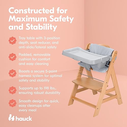 Miniatura 4 de hauck AlphaPlus Grow Along - Silla alta de madera con mesa extraíble gris y cojín de asiento de lujo para bebés de 6 meses en adelante