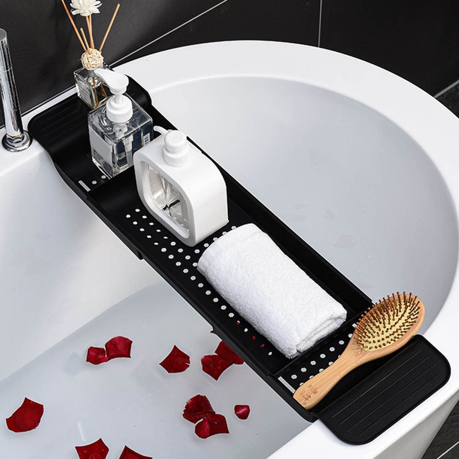 Vassoio per Vasca in Plastica, Design Drenante Retrattile Indossabile e Durevole Porta Vasca da Bagno Piccolo e Compatto Traspirante per Gel Doccia, Asciugamani, Bicchieri, Fiori da Bagno(Nero)