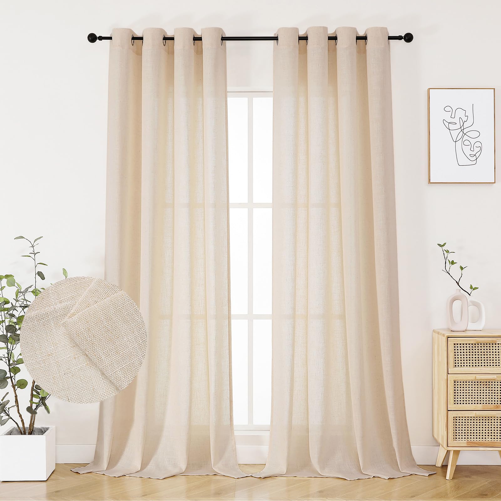 Joydeco Rideau Voilage Lin Semi-Transparent à Oeillets 132x225cm 2 Panneaux, Voilages Beiges pour Décoration Fenêtre de Salon Chambre Bureau et Protection de la Vie Privée