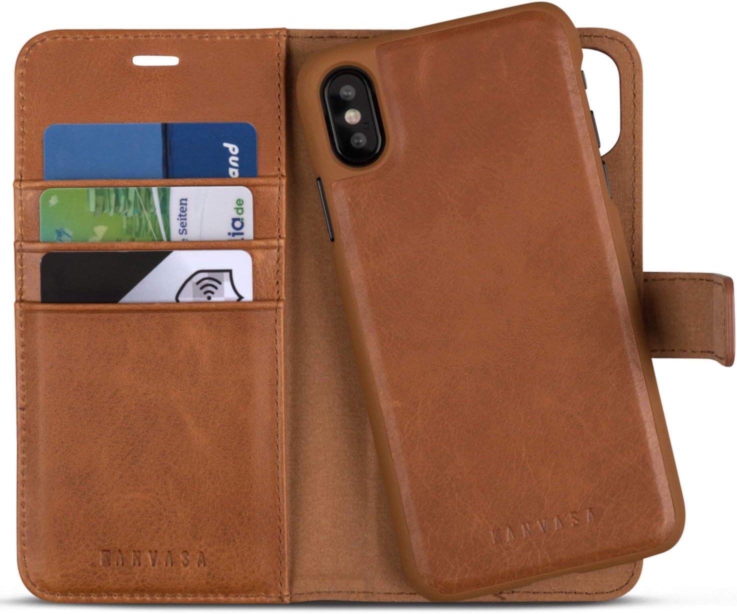 iPhone Xs Max Detachable Wallet Case Brown - KANVASA Premium Genuine Leather 2 in 1 Flip Folio Book Magnetic Cover for The Original iPhone Xs Max / 10S Max (6.5 inch) - Supports Wireless Charging Qi
