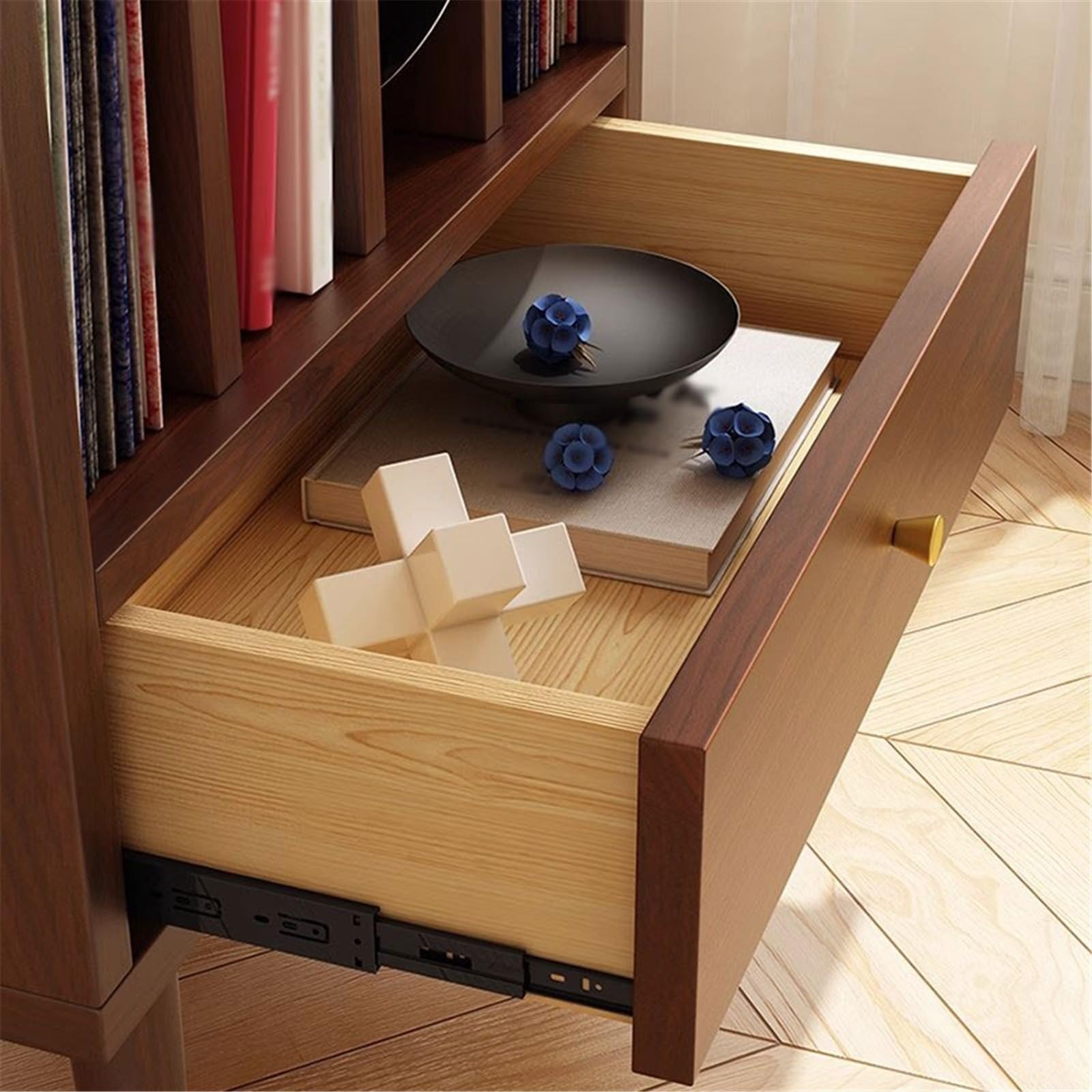 Rack per dischi Mobiletto basso in legno for dischi in vinile con cassetti, espositore portaoggetti(Nero)