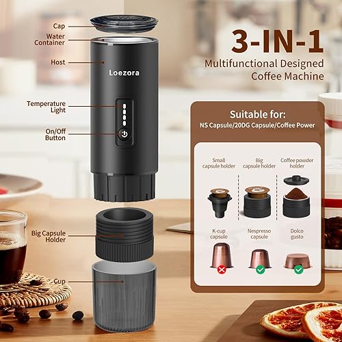 Miniatura 6 de Leozora - Máquina de café espresso portátil de 20 bares, 7500 mAh USB-C recargable, 3 en 1 para café molido y cápsulas NespressoDG, máquina de café