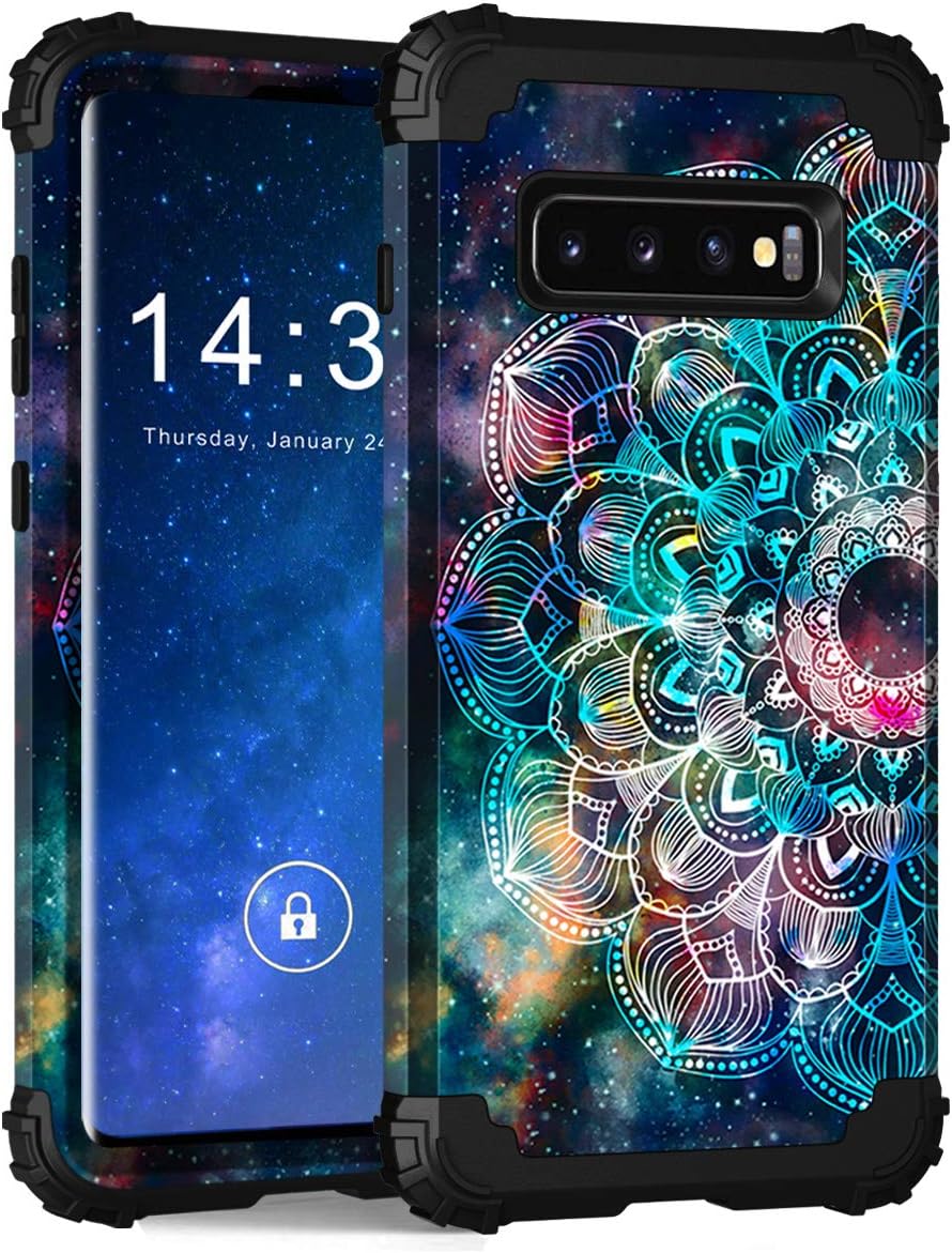 Hocase Galaxy S10 Case, Heavy Duty Shockproof Protection Hard Plastic+Silicone Rubber Dual Layer Protective Phone Case for Samsung Galaxy S10 (SM-G973U) 2019 - Mandala in Galaxy