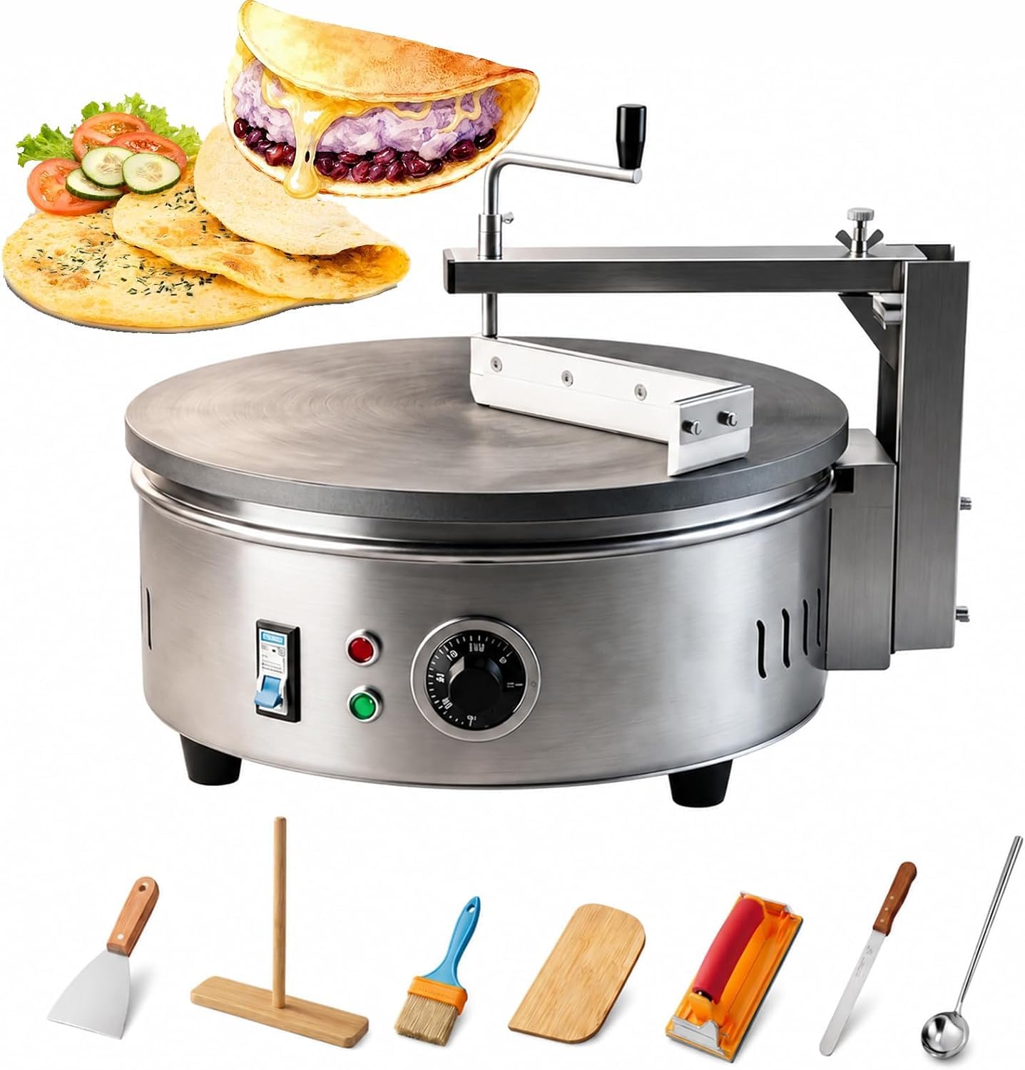 Crepiera elettrica professionale da 220 V, piastra in ghisa antiaderente da 40 cm, temperatura regolabile, 7 accessori, acciaio inossidabile, ideale per ristoranti, casa e negozi di snack.