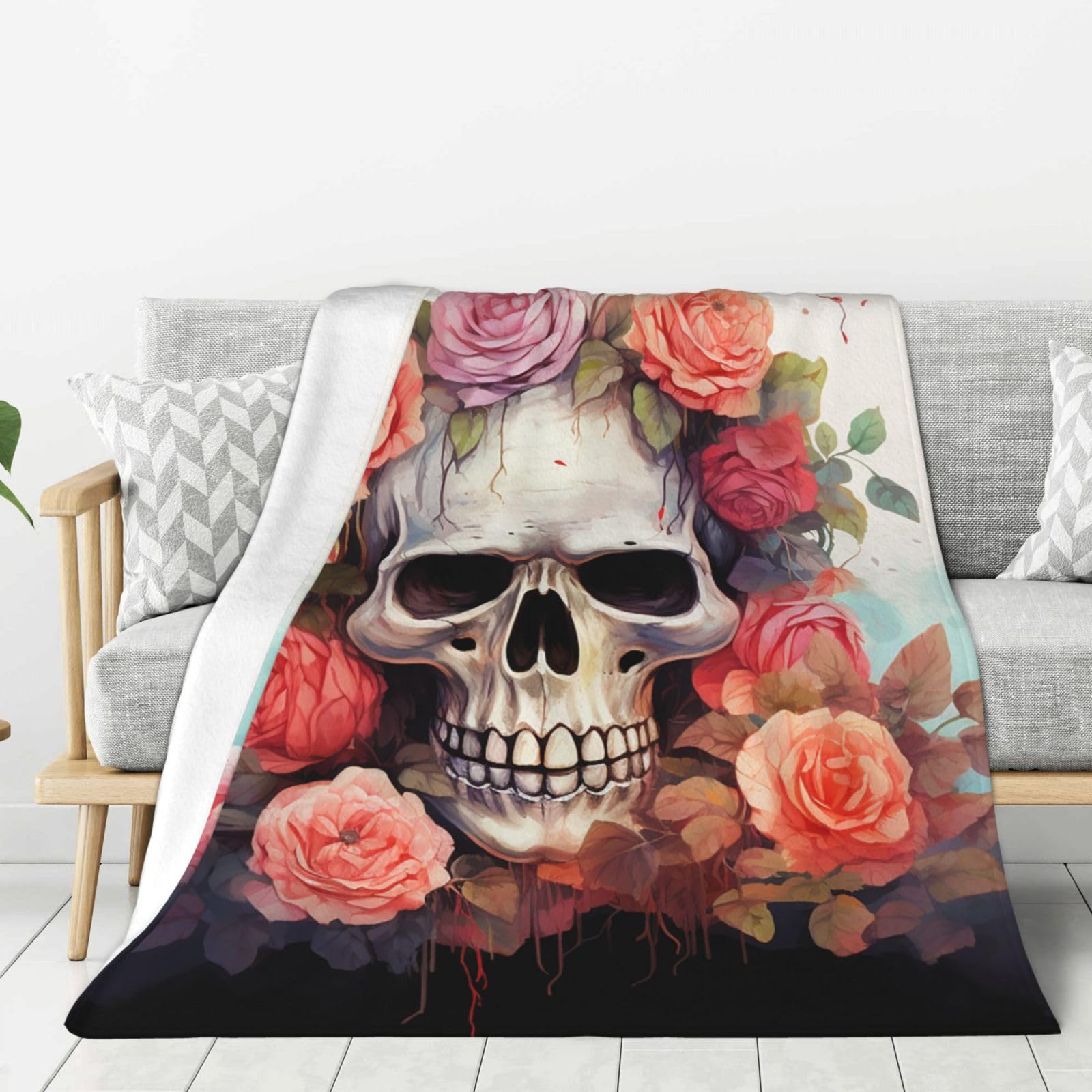 Cute Skeleton with Flowers Throw Blanket Plush Flannel Fleece Blanket, Soft Lightweight Cozy Blankets 60"X50" for Bed Couch Sofa Travel