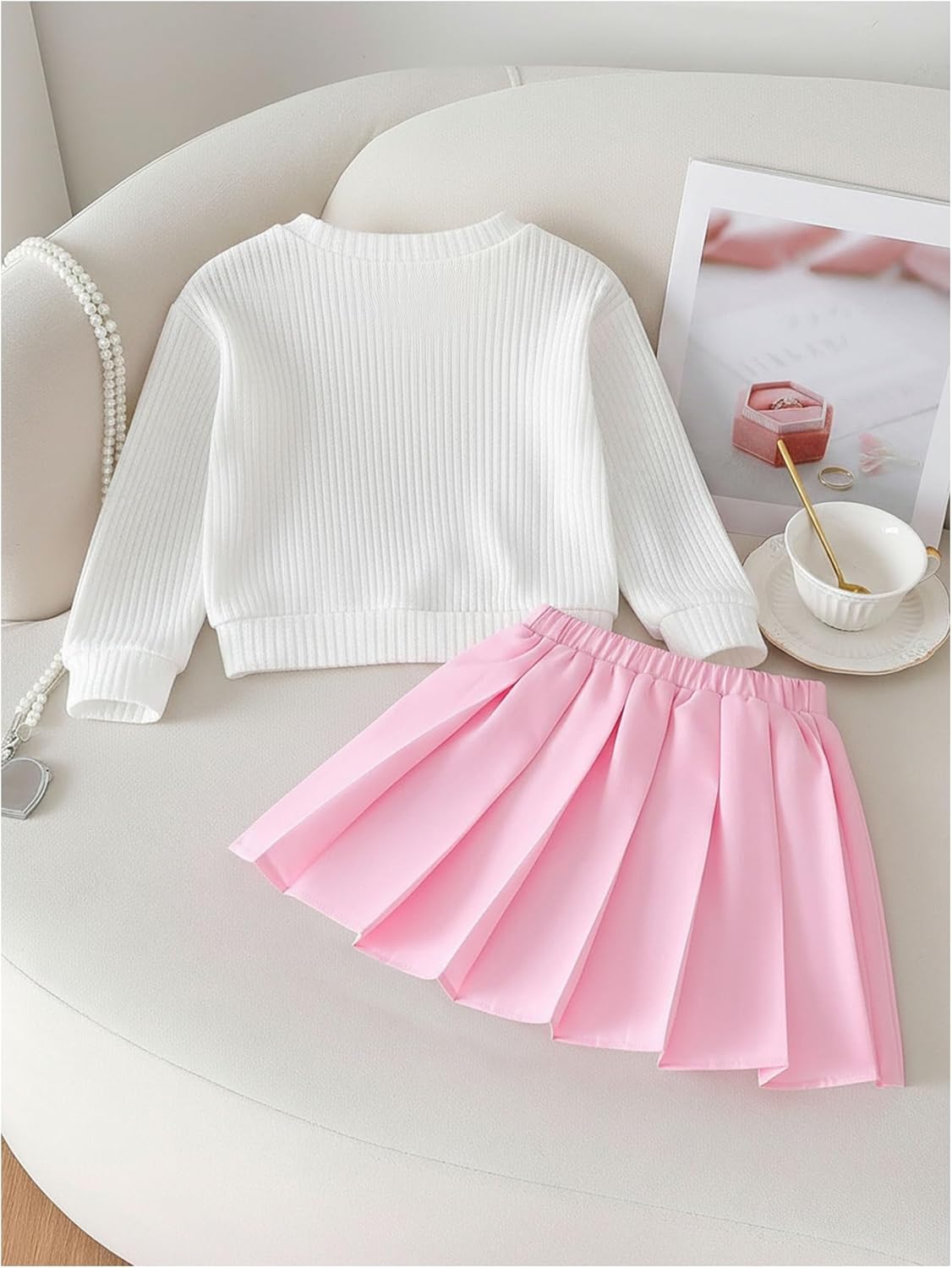 WDIRARA Toddler Girl's Cute 3D Floral 2 Piece Outfits Long Sleeve Sweater Pleated Mini Skirt Set - Image 2