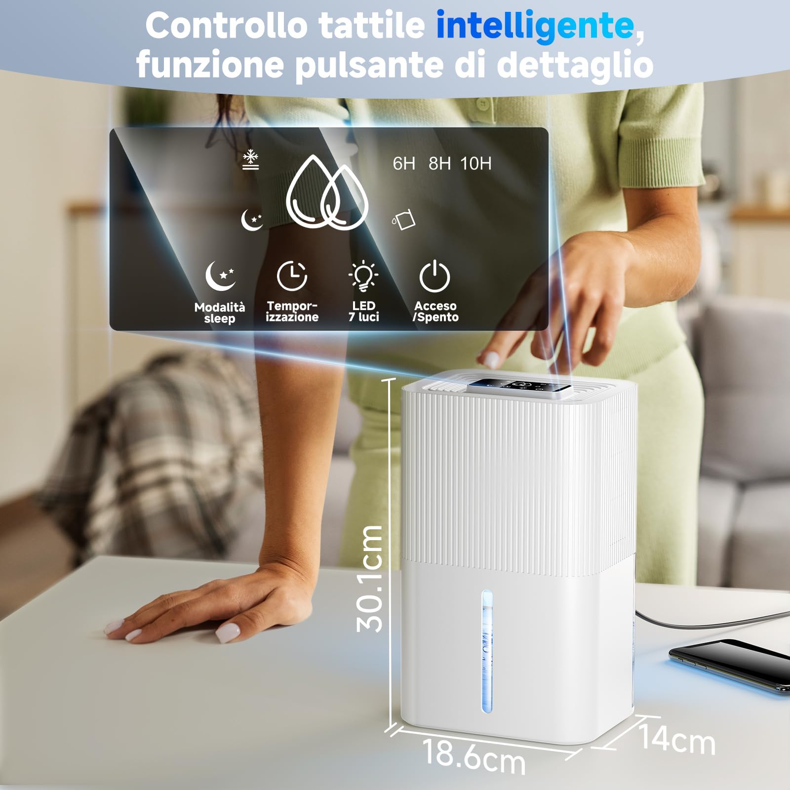 Deumidificatore da 2,7L per la casa, deumidificatore elettrico per la camera da letto, silenzioso e con comandi touch, deumidificatore per il bagno(bianco1100 ml/24 h)
