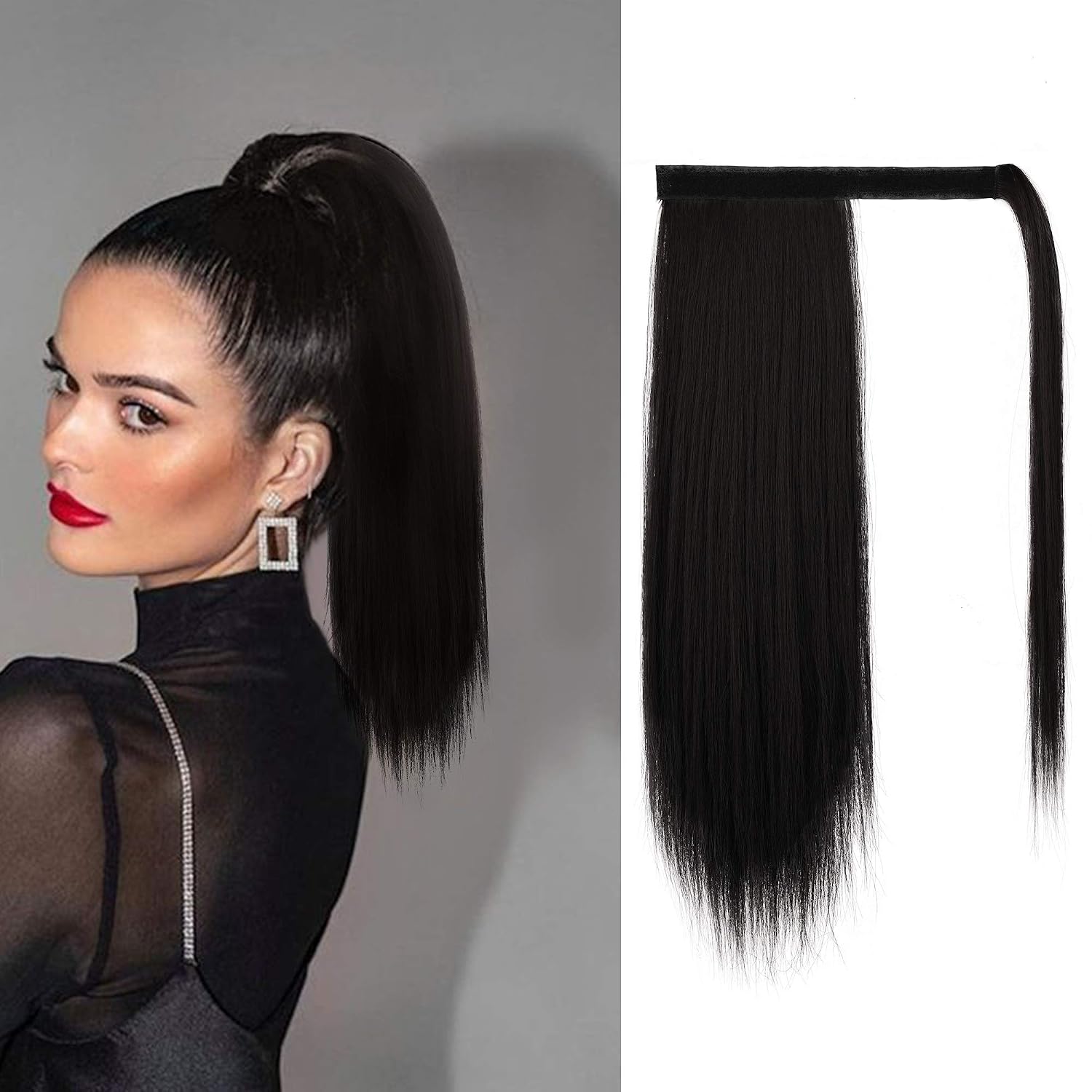 BARSDAR Wrap-around Clip in Short Straight Ponytail Hair Extensions,Ponytail Extension Natural Fluffy Ponytail Synthetic Fiber Hairpieces for Women Girls(14 Inch Natural Black)