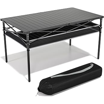 Folding Camping Table with Aluminum Roll-Up Table Top Camping Rolling Table Foldable for 4-6 People with Mesh Bag Folding Table Camping with Carry Bag up to 100 kg