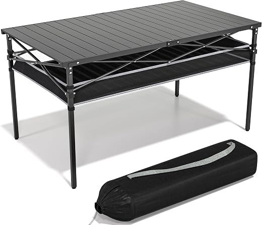 RELAX FIELD Folding Camping Table, Aluminum Roll-up Table with Storage Net and Carrying Bag, Outdoor Lightweight Camp Tabl...