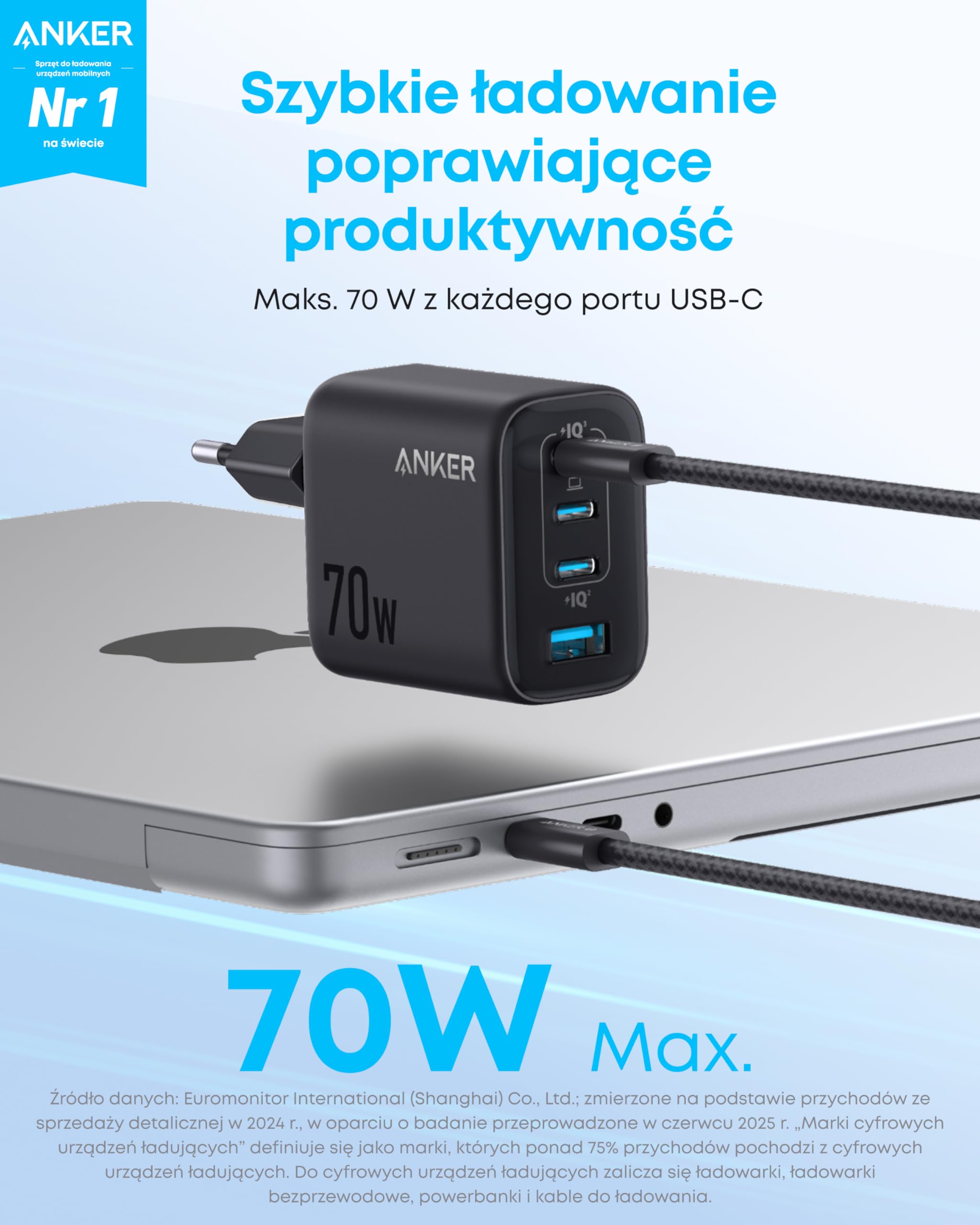 Ładowarka Anker Zolo, 4-portowy adapter ścienny z ultraszybkim wyjściem 70 W, kompaktowa i stabilna konstrukcja, do iPhone'a serii 16/15, MacBooka Air, iPada (kabel nie jest dołączony do zestawu)