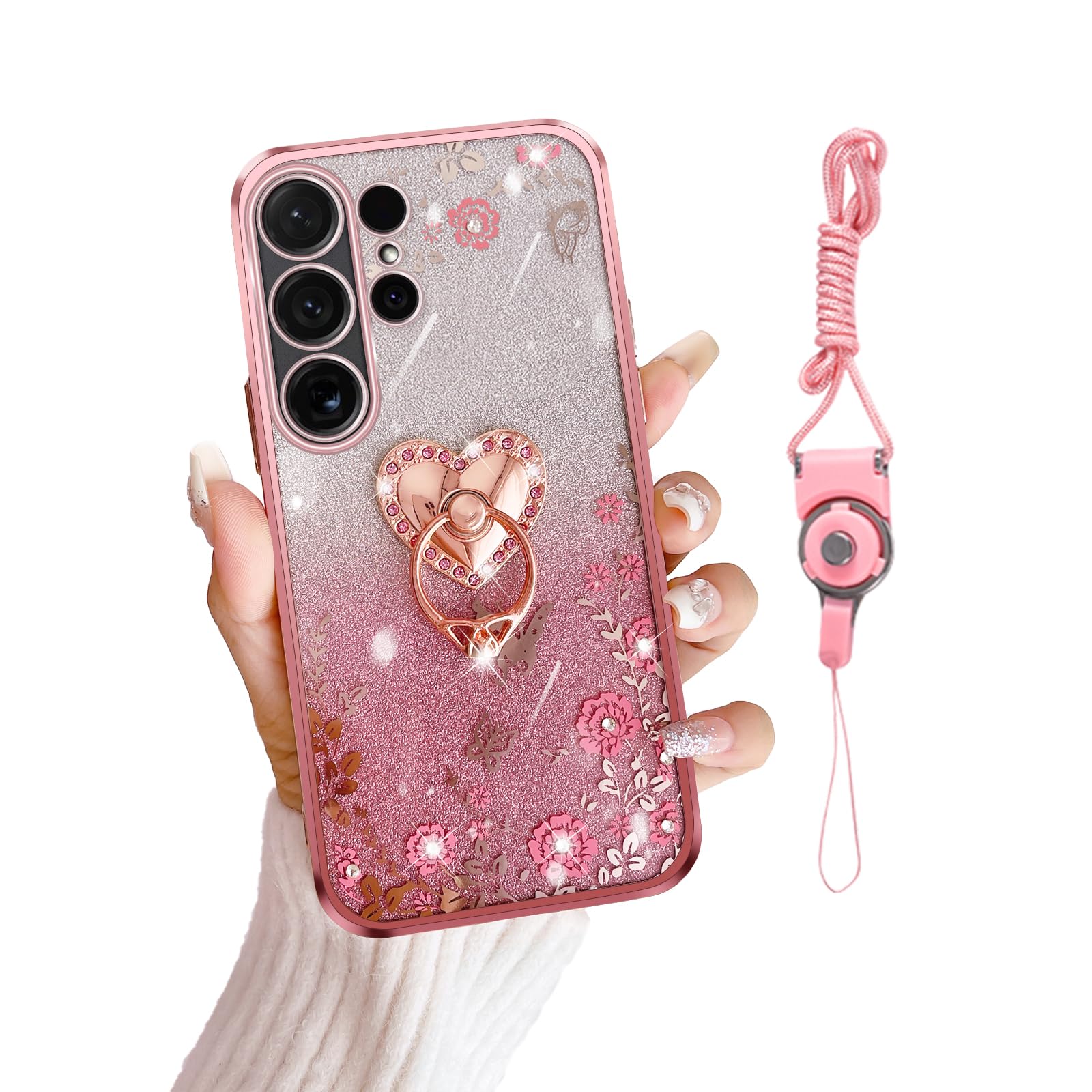 for Samsung Galaxy S24 ultra Case Tpu Luxury Crystal Butterfly Heart Floral for Women Magnetic Shockproof with Ring Kickstand [Glitter Card & Wrist