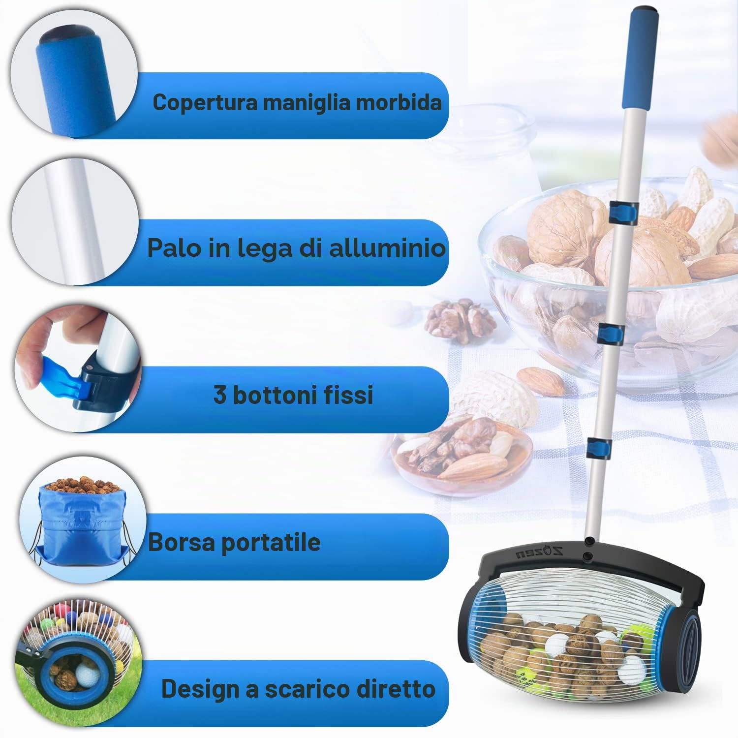 zozen Raccolta/Raccoglitore di Noci, Coperchio Laterale per Aprire Il Design,Noci di Hickory, Palle a Punta, Golf, Oggetti da 2,5 cm a 6,5 cm; 1,4 m (Grande)