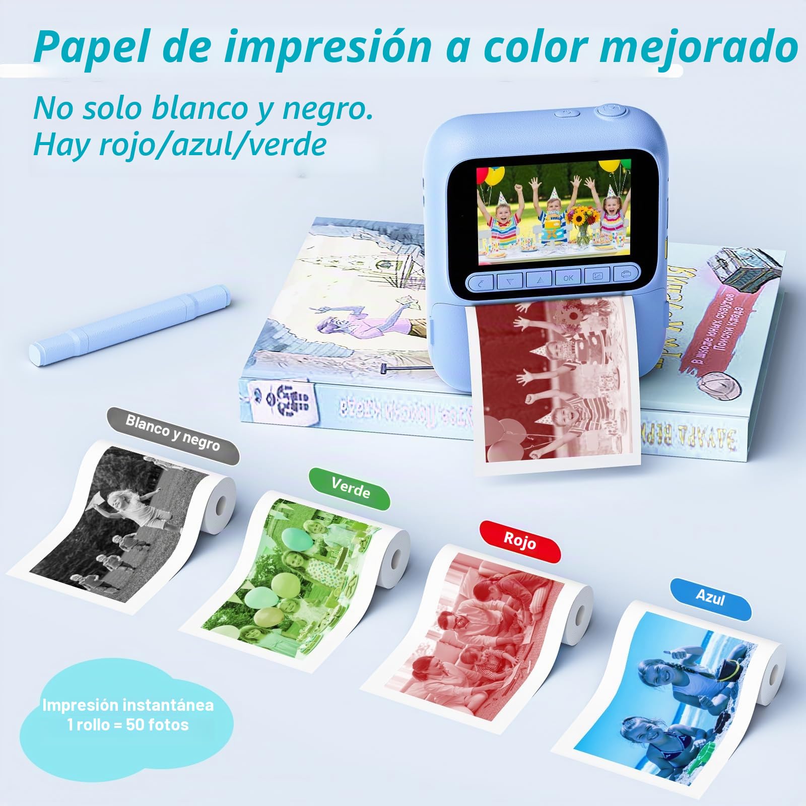 Cámara de Fotos Instantáneas para Niños,Camara Instantánea de 1080P con 5 Rollos de Papel de Impresión,Tarjeta de 32GB y Bolígrafos de Colores,Cámara Digital Portátil para Niños de 3-14 Años (Azul)