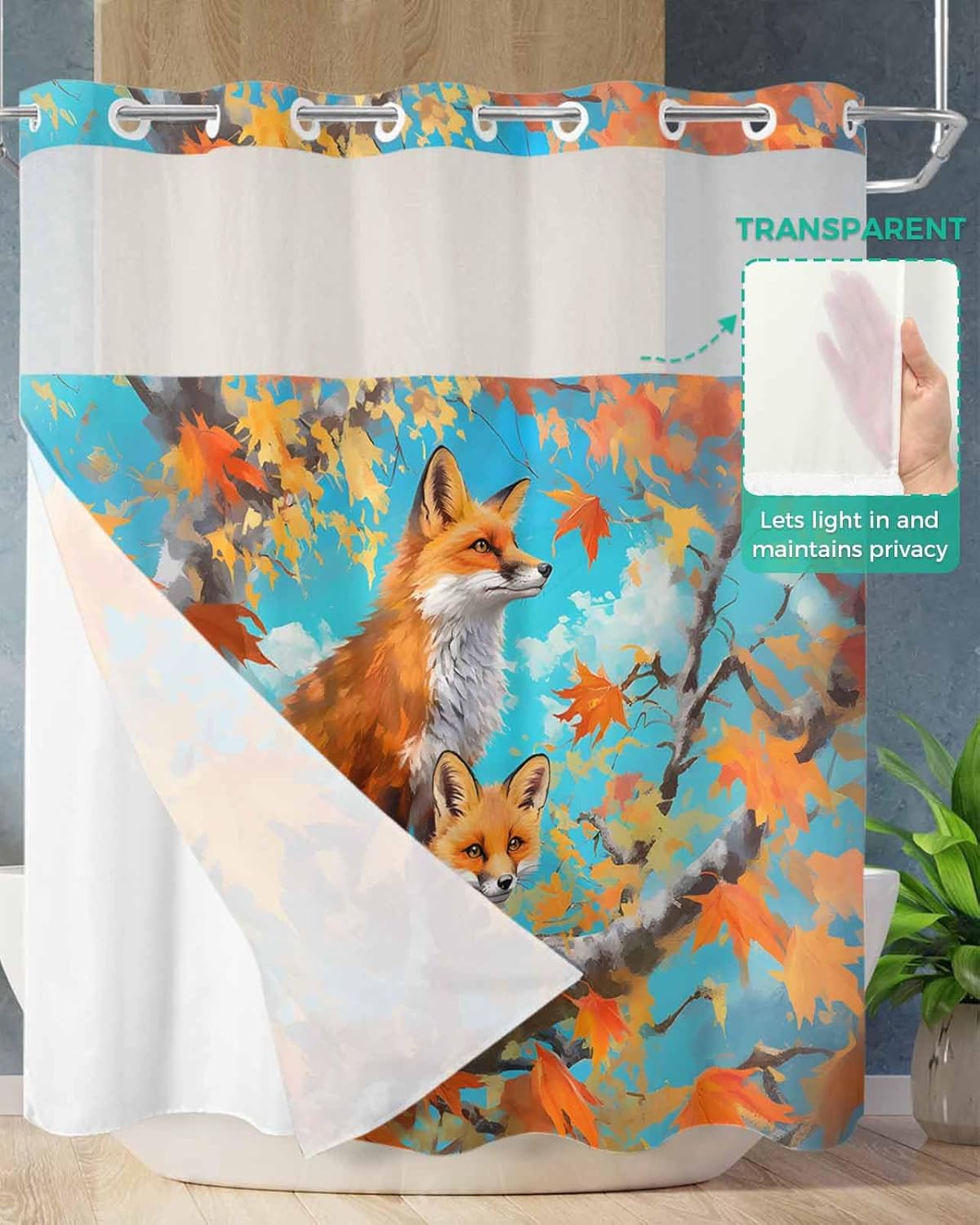 No Hook Shower Curtain and Snap in Liner Set, Fall Forest Fox Fabric Bathroom Shower Curtains 66x72 Inch, See Through Mesh Top Window, Fall Orange Red Autumn Maple Leaves Hotel Style, Waterproof