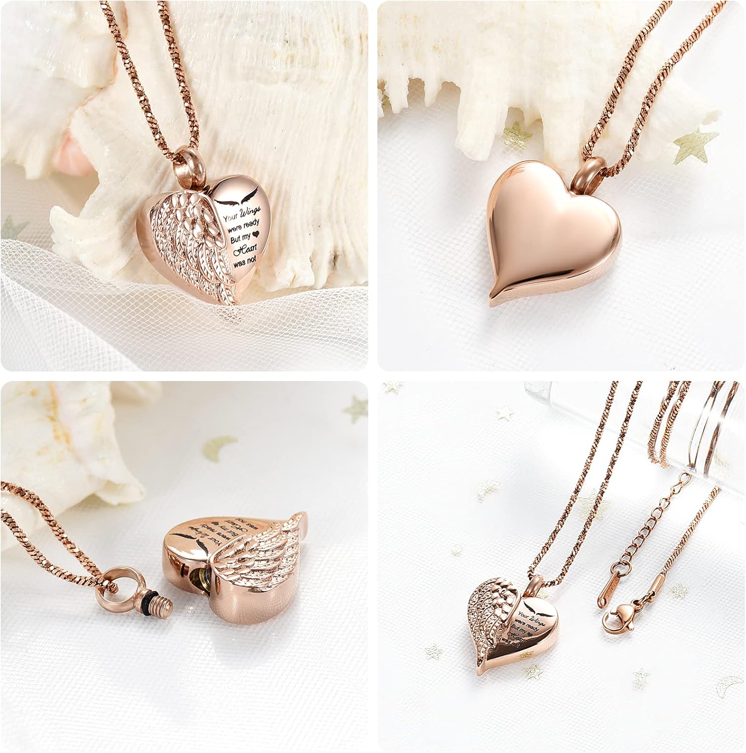 Yinplsmemory Love Heart Urn Necklace for Ashes Keepsake Memorial Cremation Jewelry Stainless Steel Angel Wing Heart Urn Locket Ashes Holder Memorial Urn Jewelry for Human/Pet Ashes - Image 3