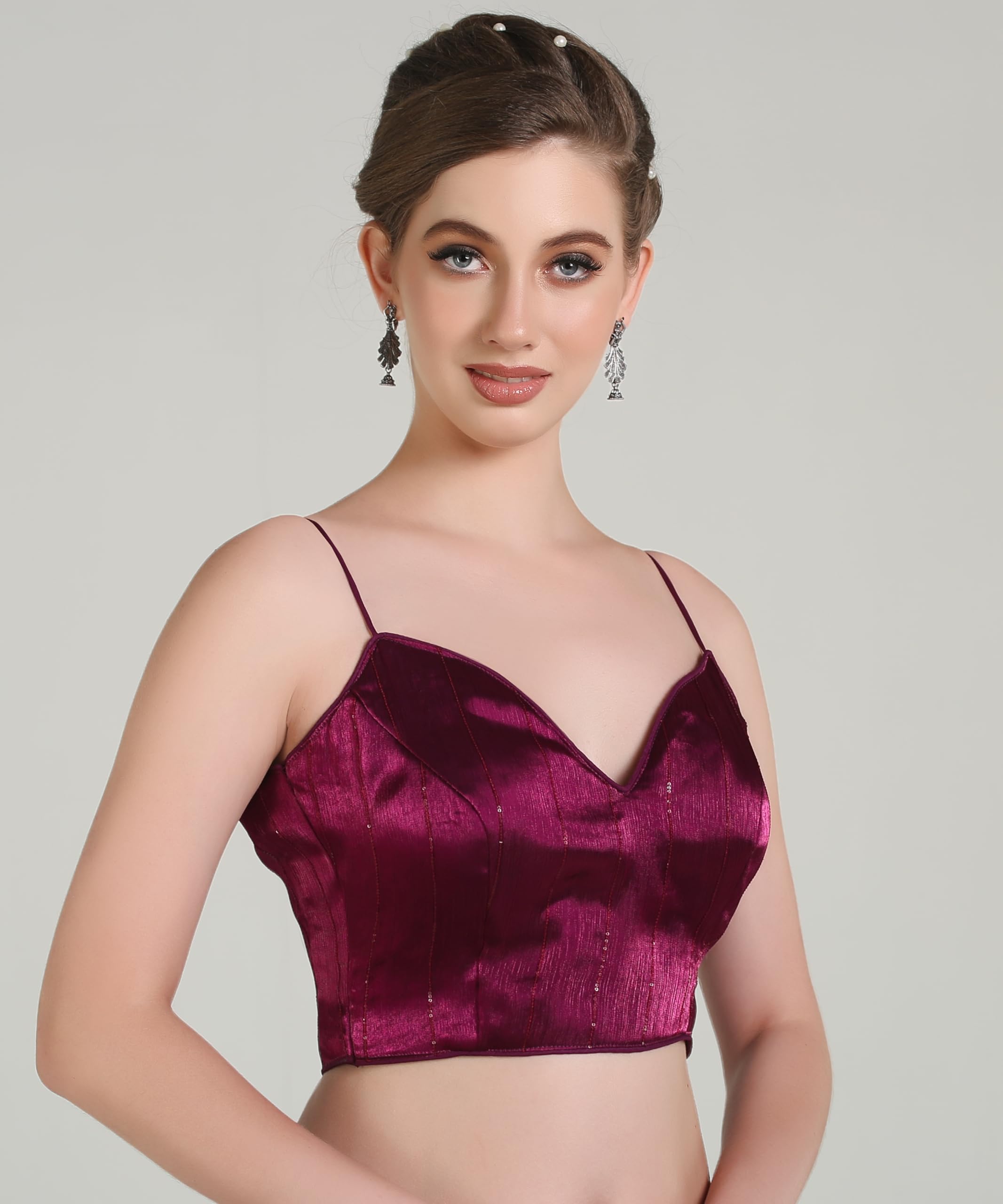 Pujia Mills Woman Blouse Latest Collection Of 2025 Indian Ethnic Wear Spaghetti Wine Color Stylish Readymade Choli Blouse