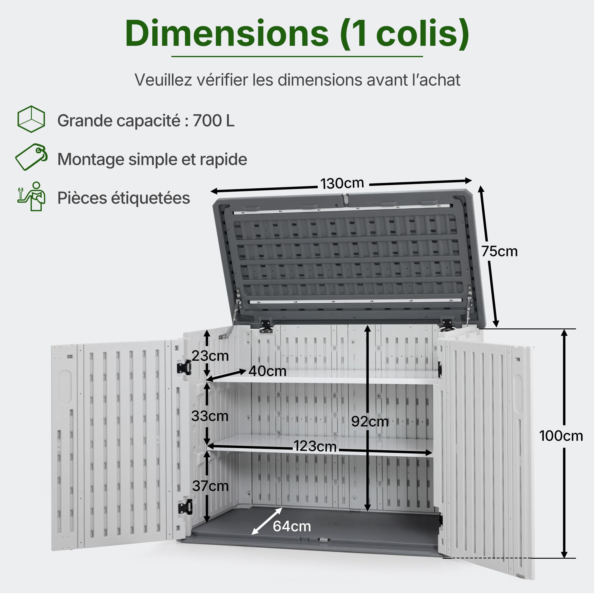 M MACROUT Coffre de Jardin Rangement Extérieur Étanche 700 L avec Étagères
