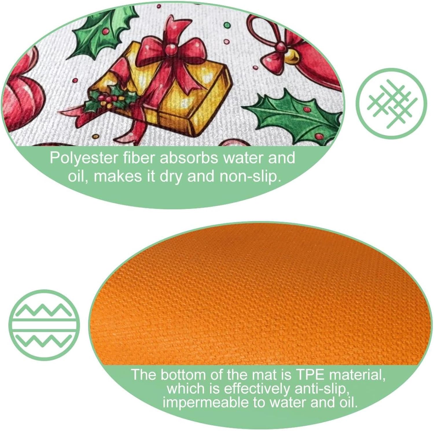 Kitchen Rugs Set of 2, Christmas Decor Leaves Cane Bells Kitchen Mats for Floor Washable, Kitchen Floor Runner Mat Cushioned Anti Fatigue