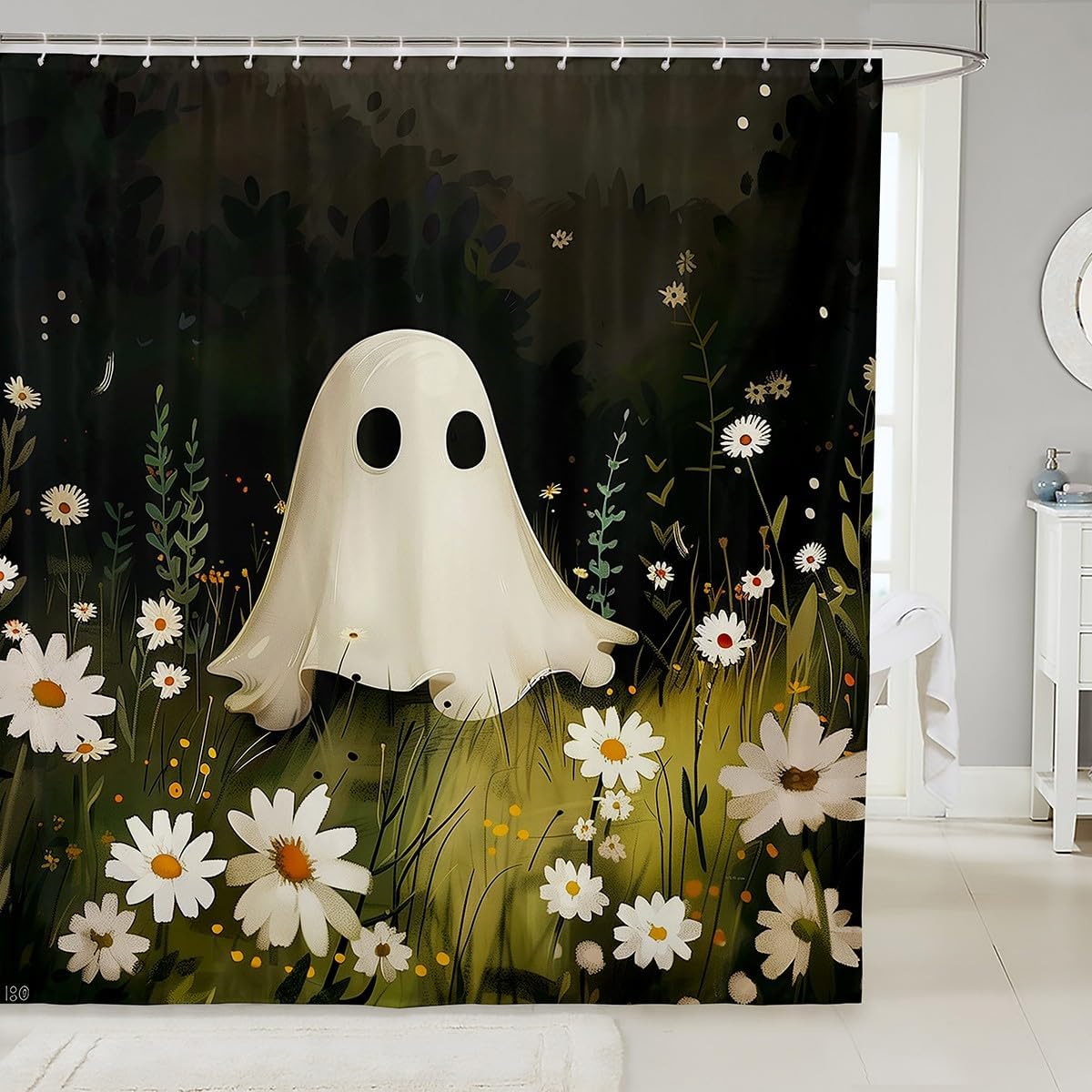 Happy Halloween Kids Shower Curtains,Cute Ghost Protea Floral Leaves Country Bathroom Curtains for Girls Boys,Ghost Bats Botanical Pink Romantic Waterproof Curtains,12 Hooks Suits,72" W x 84" L