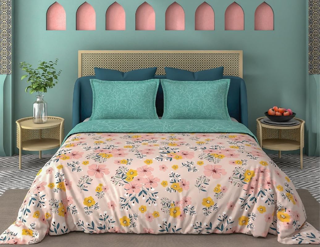 Set of 1 King Size Double Bedsheets with 2 Pillow Covers | 108 x 108 Inch | Comfortable Bedding (Pink, Super King, Pink-Flower)