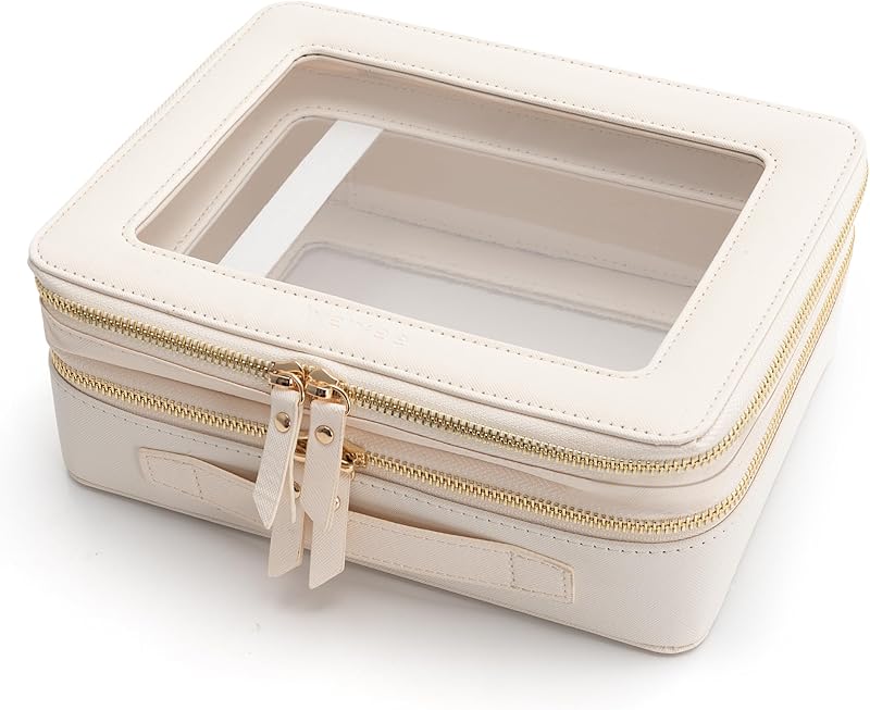 Necessaire de maquiagem Aveniee com 2 compartimentos, estojo para cosméticos e pincéis, Branco-queimado