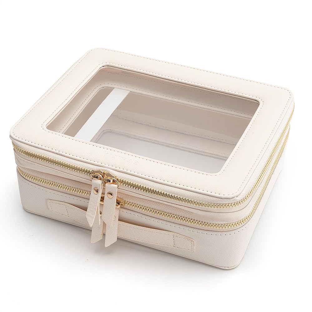 Aveniee Clear Makeup Bags, Double Layer Cosmetic Case with Separate Brush Compartment, Large Toiletry Organizer for Women, Travel Accessories Holder(2 Layers Large, White)