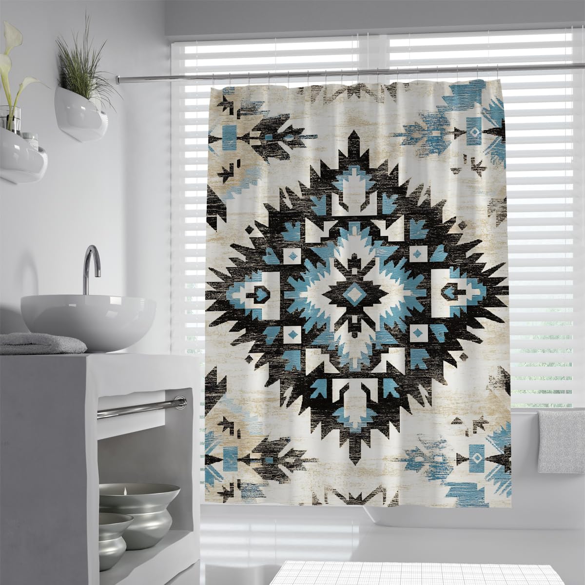 UERWOWELL Vintage Tribal Shower Curtain Geometric Pattern Fabric Bath Curtains Cool Tone Southwestern Decor Waterproof Washable Material with Hooks W100xL180 cm