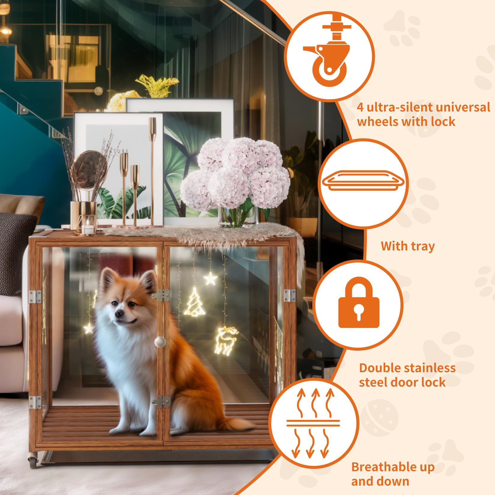 Meuble Cage Chien Intérieur Transparent: 76x58.5x66.5cm Caisse pour Petit Chien en Verre Trempé avec Cadre en Alliage d'Aluminium sur Roulette - Cages Chiens avec 3 Porte et Plateau Amovible