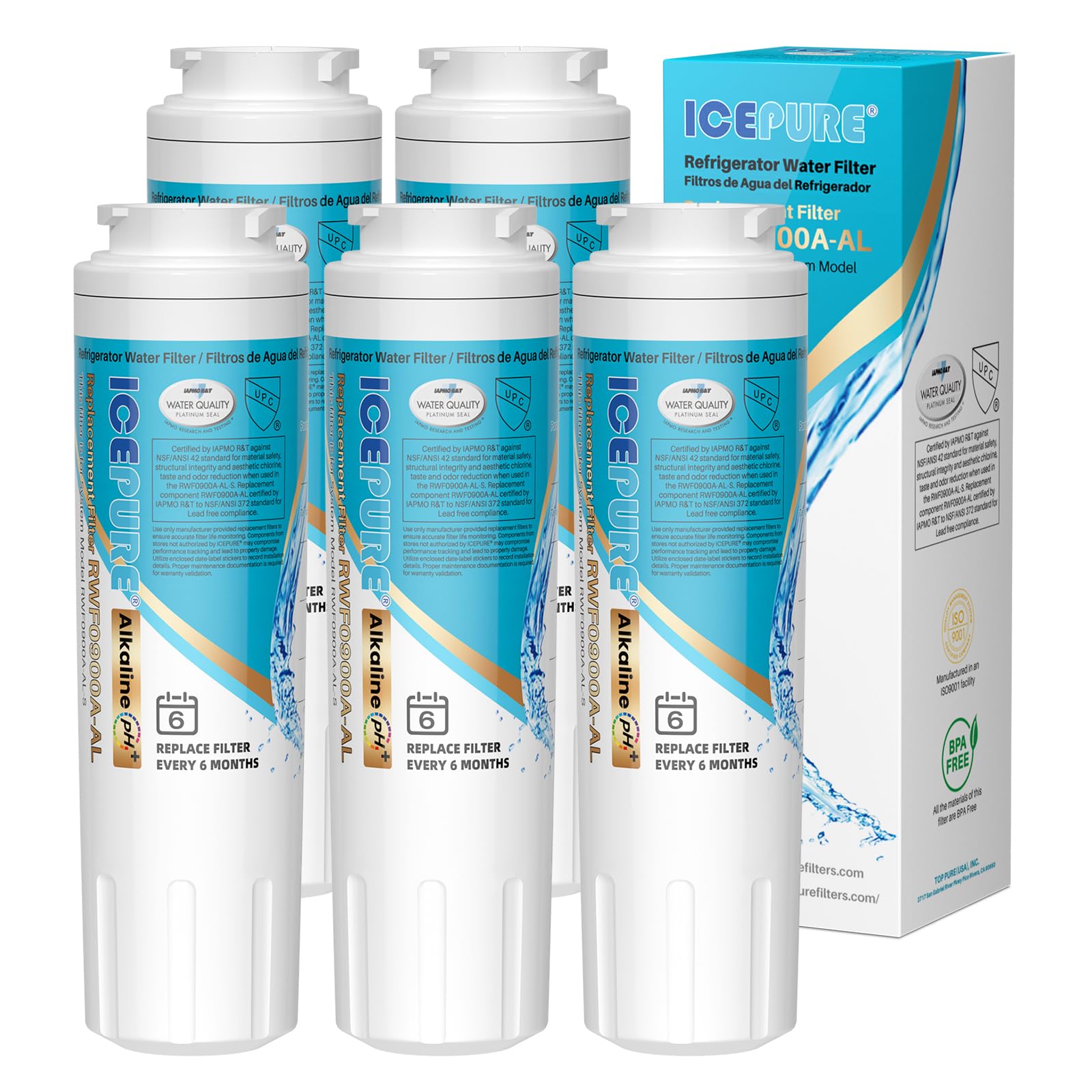 ICEPURE Alkaline UKF8001 Refrigerator Water Filter Replacement for Whirlpool EDR4RXD1, EveryDrop Filter 4, Maytag UKF8001, 4396395, UKF8001P, UKF8001AXX, RFC0900A, UKF8001AXX-200, Enhances PH, 5 Pack