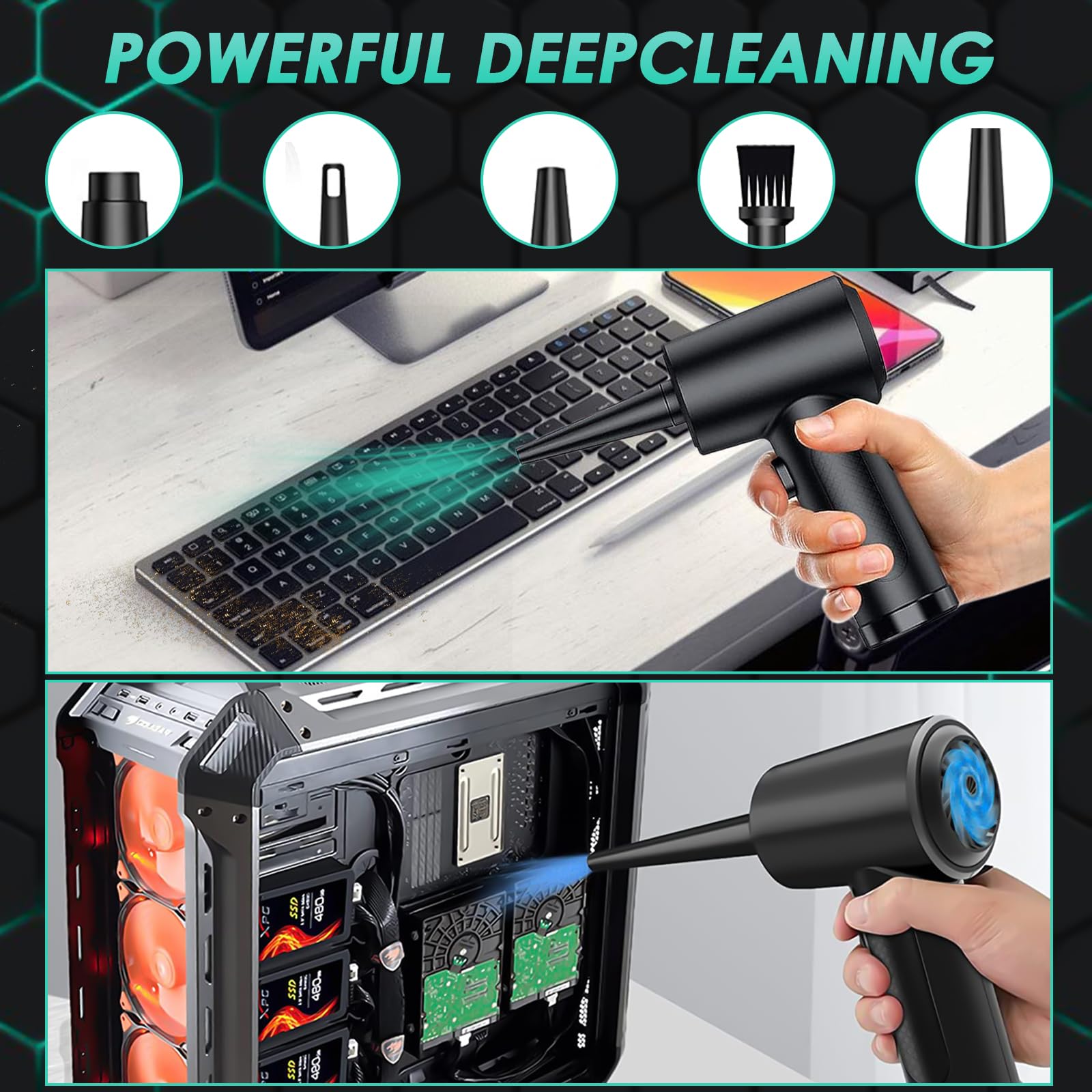 Souffleur Air Comprimé Electrique,3 Vitesses 100000 RPM/min Dépoussiérants Puissants,6000 mAh Batterie avec lumière LED,Air Comprimé Nettoyage pour Ordinateur portable,Clavier,Climatiseur