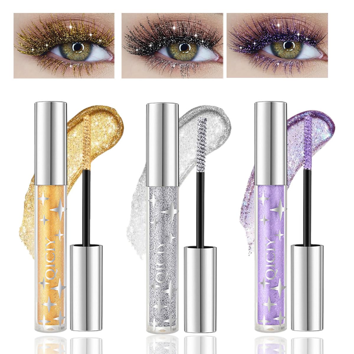 Baorder 3PCS Glitter Mascara for Eyelashes,Waterproof Long Lasting Silver Gold Purple Color Diamond Sparkly Mascara, Lengthening Volumizing Colorful,