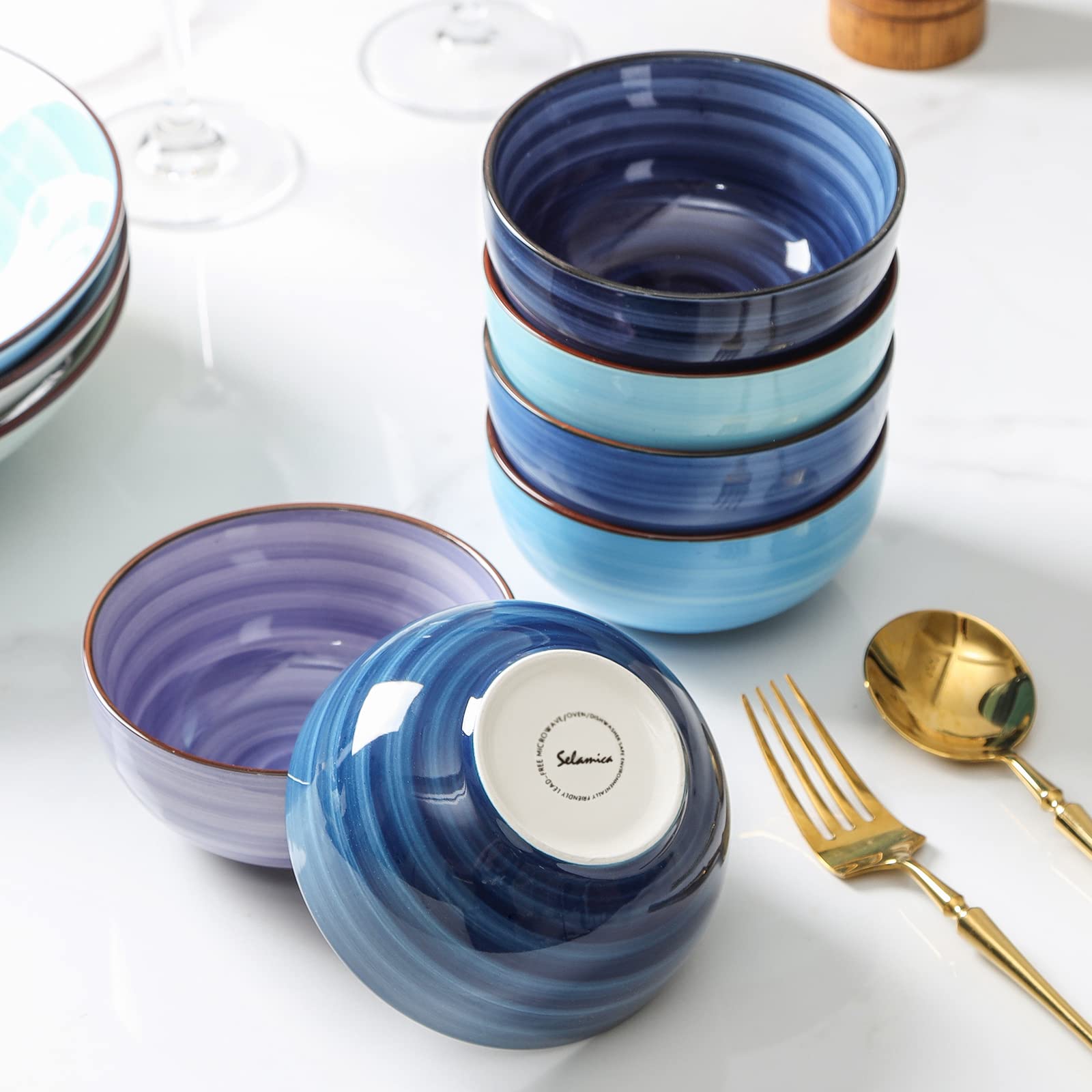 Selamica Keramik 680 ml Müslischalen Set, tiefe Suppenschüsseln, 5.9 Zoll Porzellan Küchenschalen für Nudeln, Salat, Dessert, Haferflocken, Ramen, mikrowellengeeignet, 6 Stück, Farbverlauf Blau